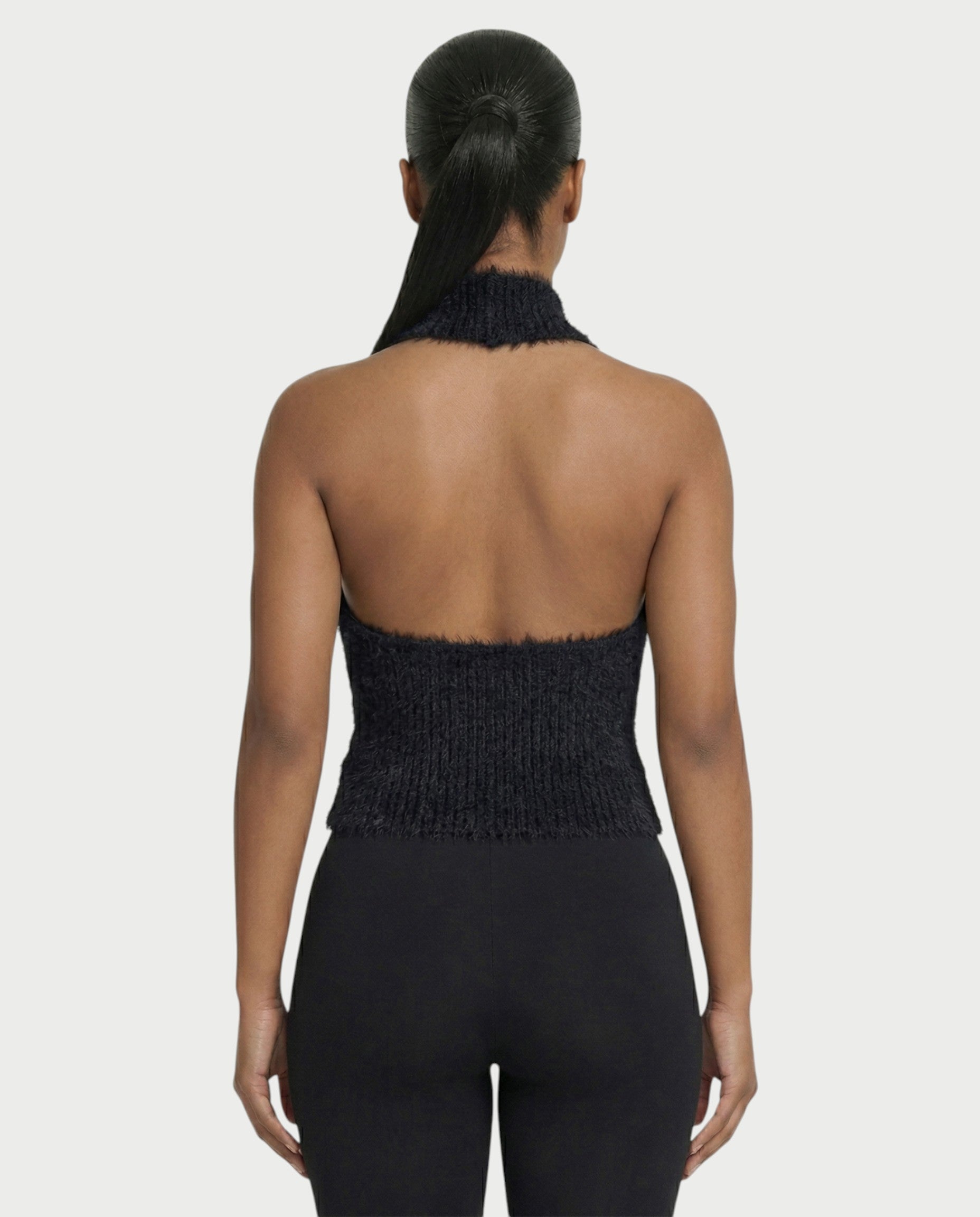RALYN Fuzzy Ribbed Halter Neck Knit Top