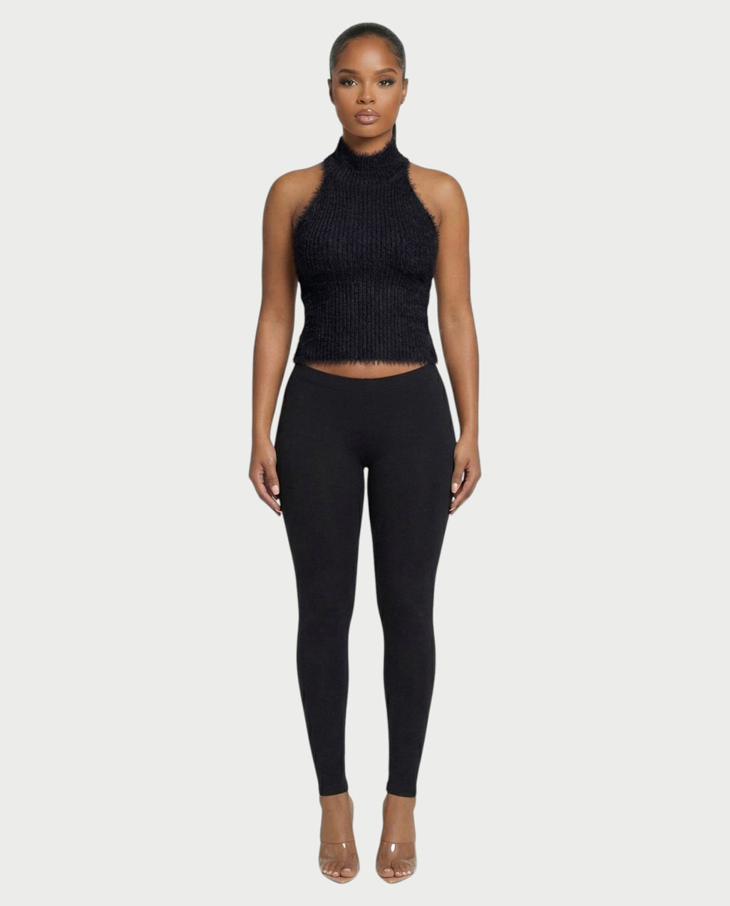 RALYN Fuzzy Ribbed Halter Neck Knit Top