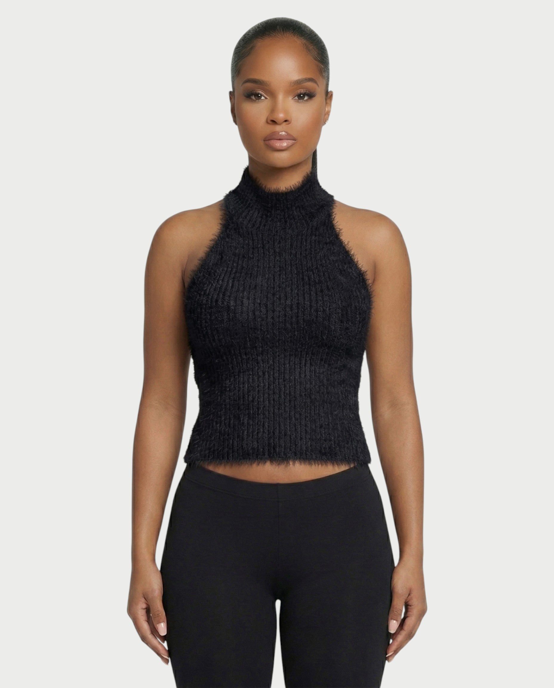 RALYN Fuzzy Ribbed Halter Neck Knit Top