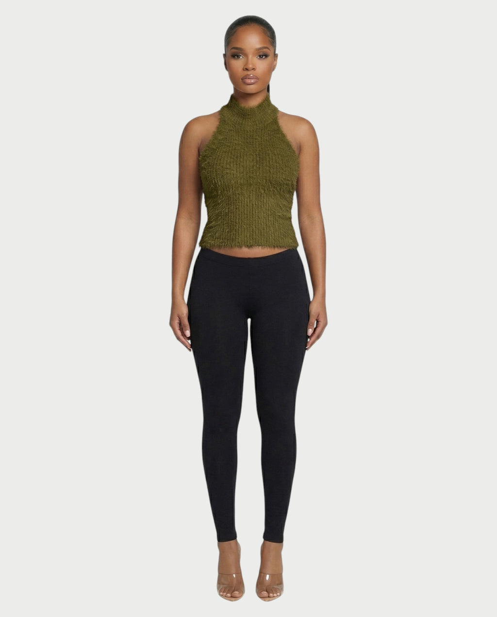 RALYN Fuzzy Ribbed Halter Neck Knit Top