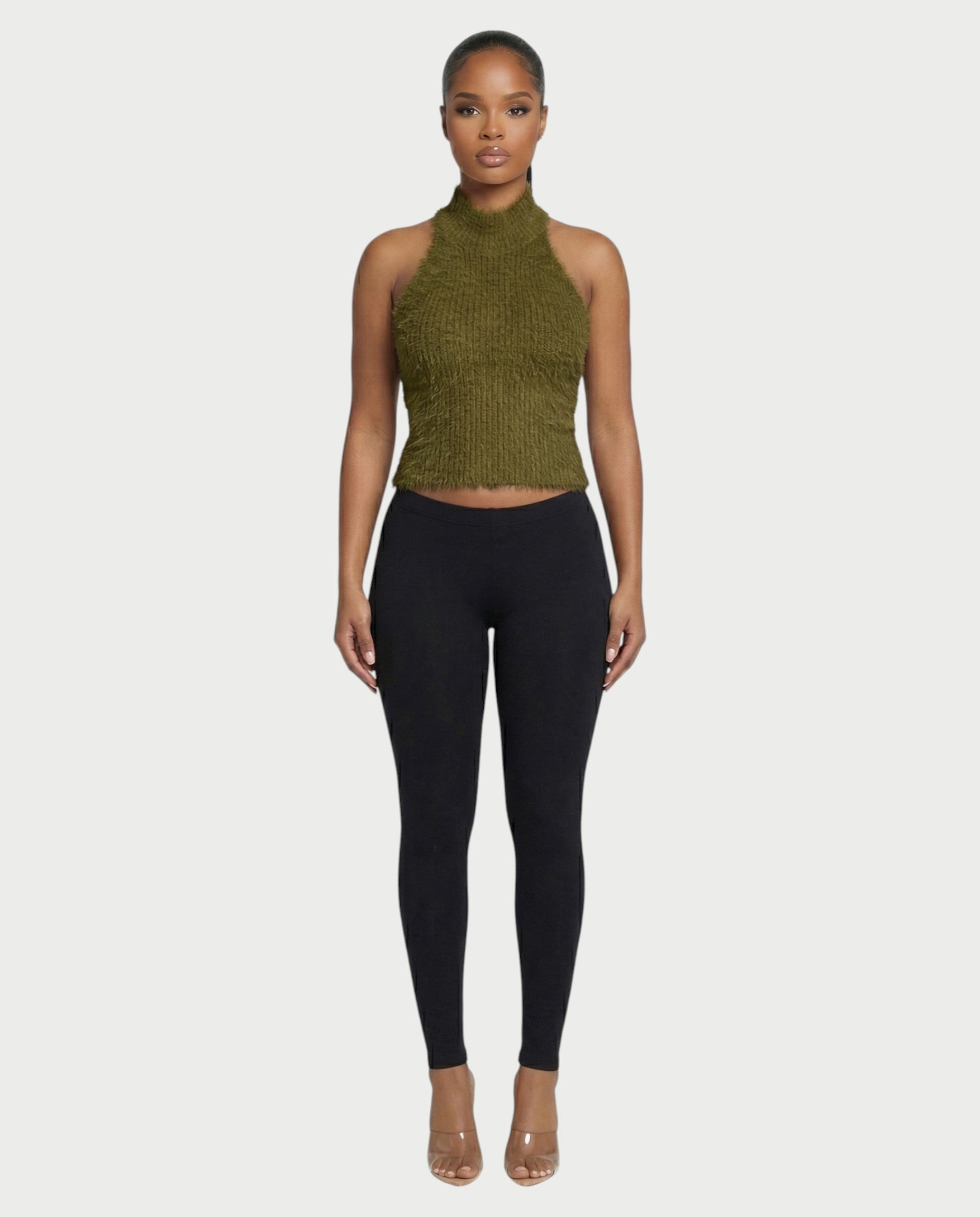 RALYN Fuzzy Ribbed Halter Neck Knit Top