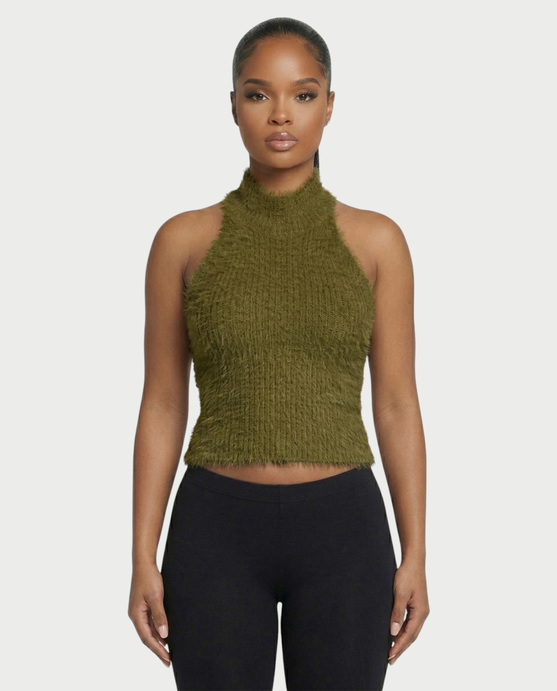 RALYN Fuzzy Ribbed Halter Neck Knit Top