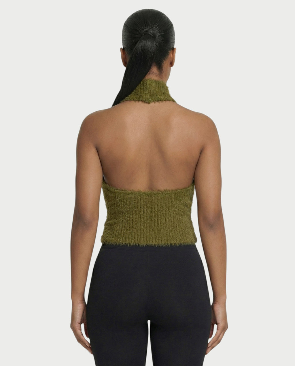 RALYN Fuzzy Ribbed Halter Neck Knit Top