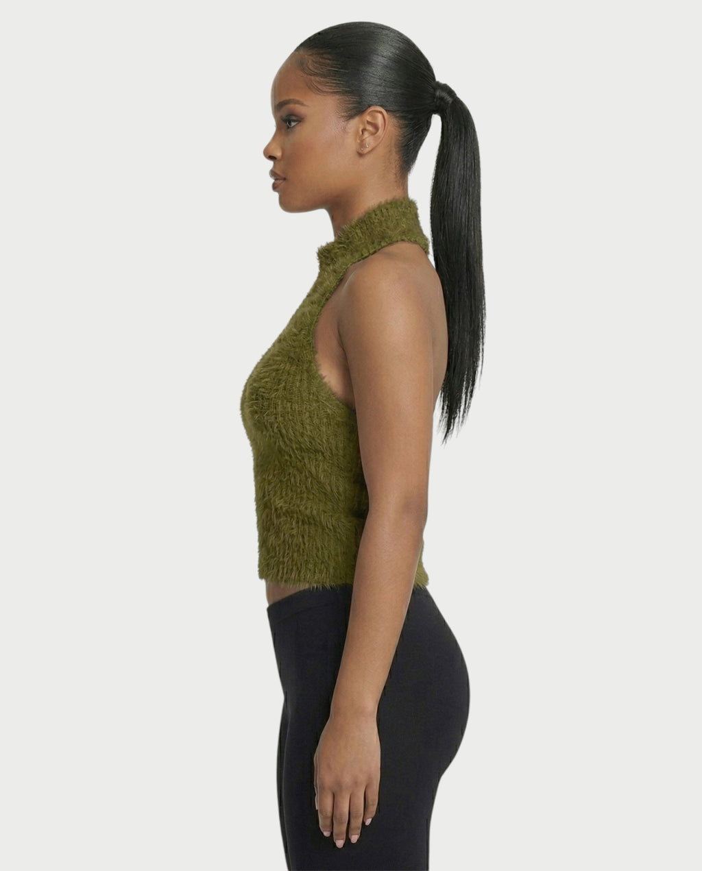 RALYN Fuzzy Ribbed Halter Neck Knit Top