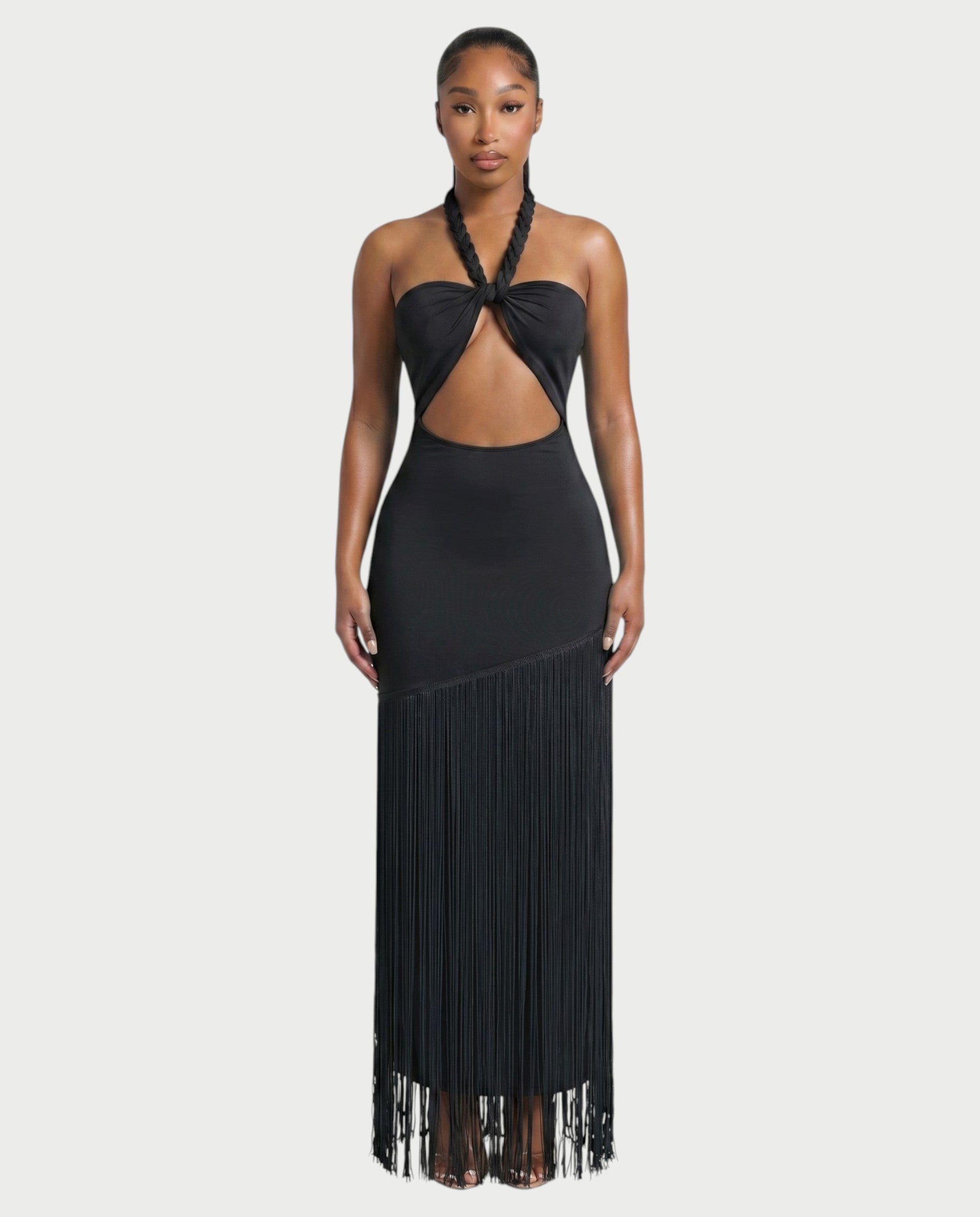 ORELA Braided Halter Fringe Maxi Dress