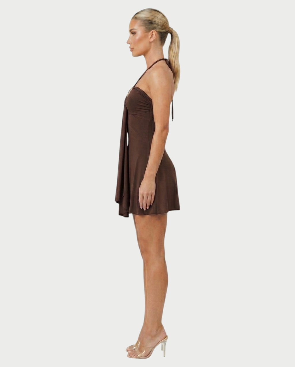 AVIELLE Halter Chain Medallion Drape Mini Dress