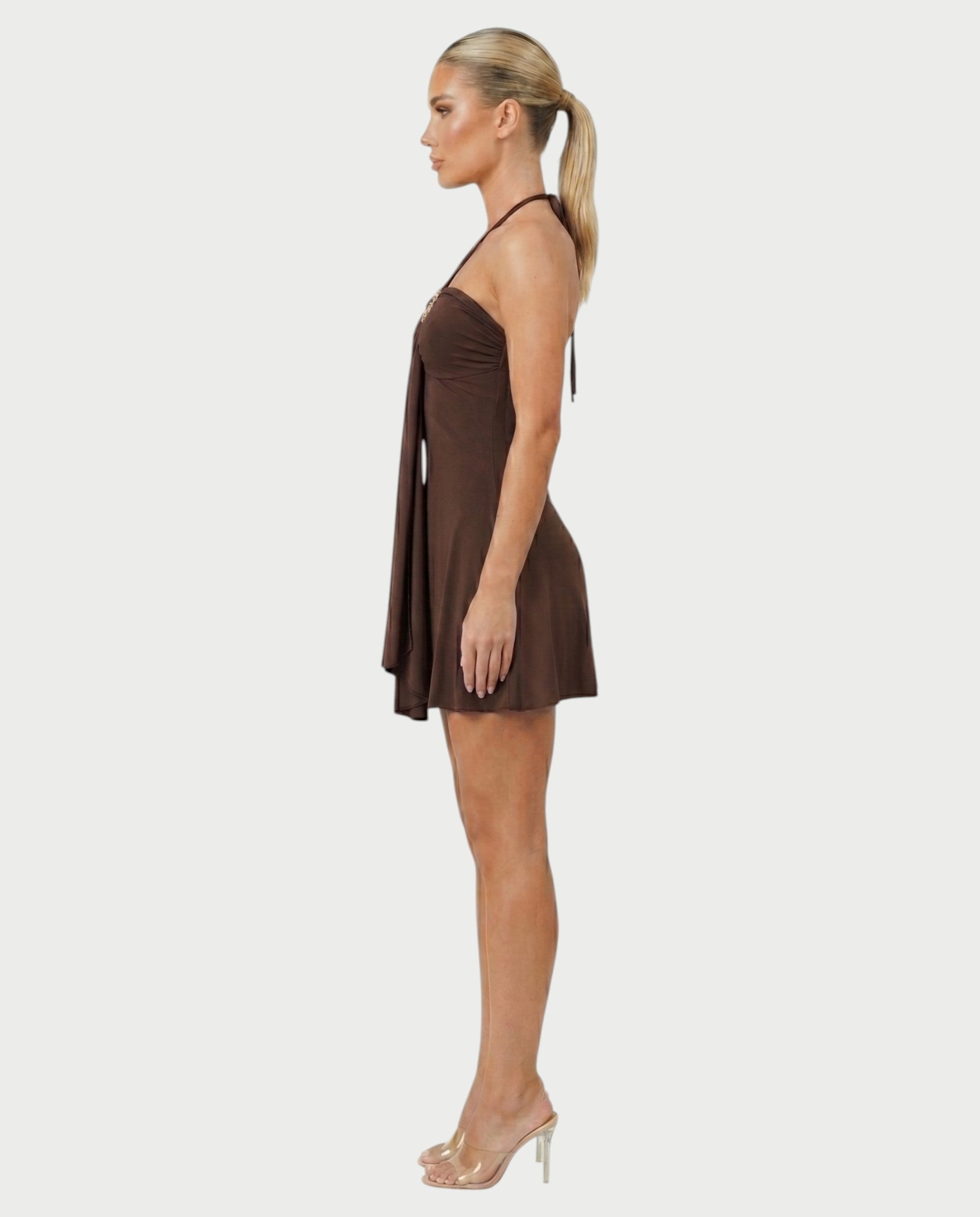 AVIELLE Halter Chain Medallion Drape Mini Dress