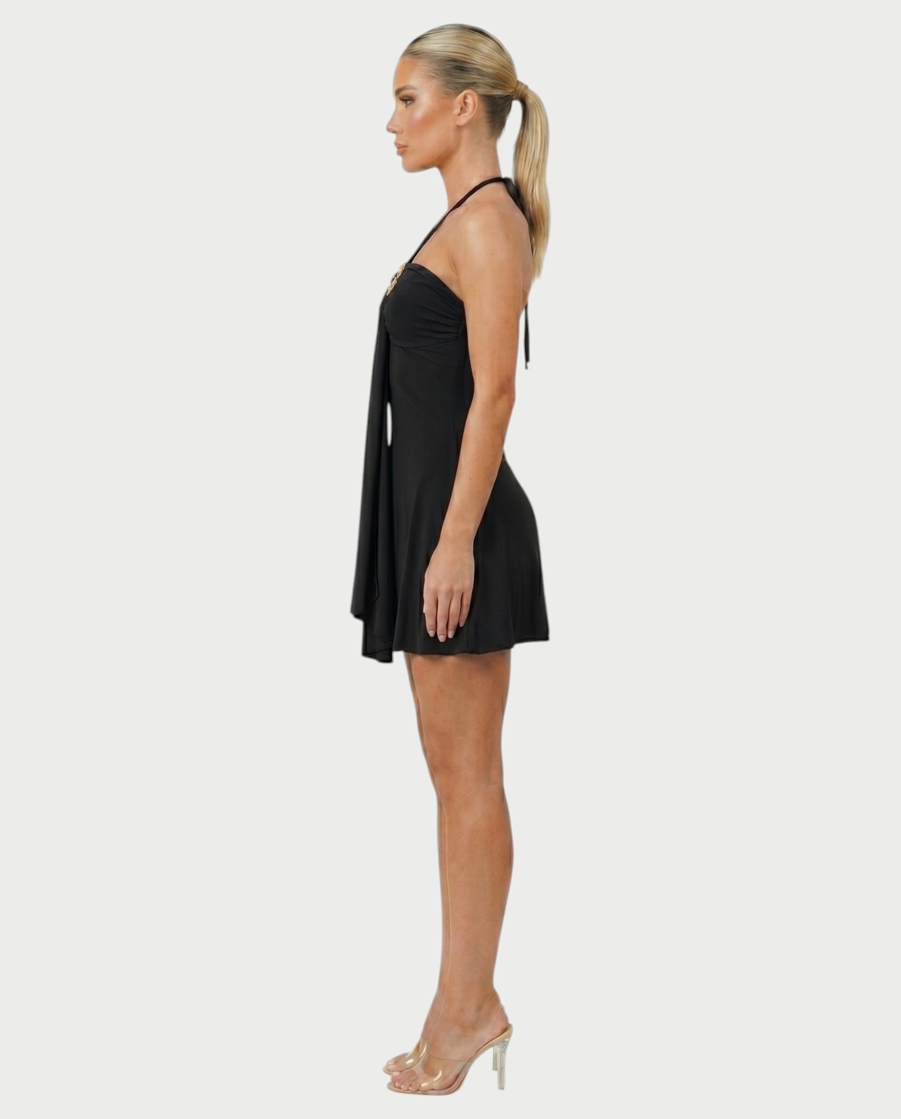 AVIELLE Halter Chain Medallion Drape Mini Dress