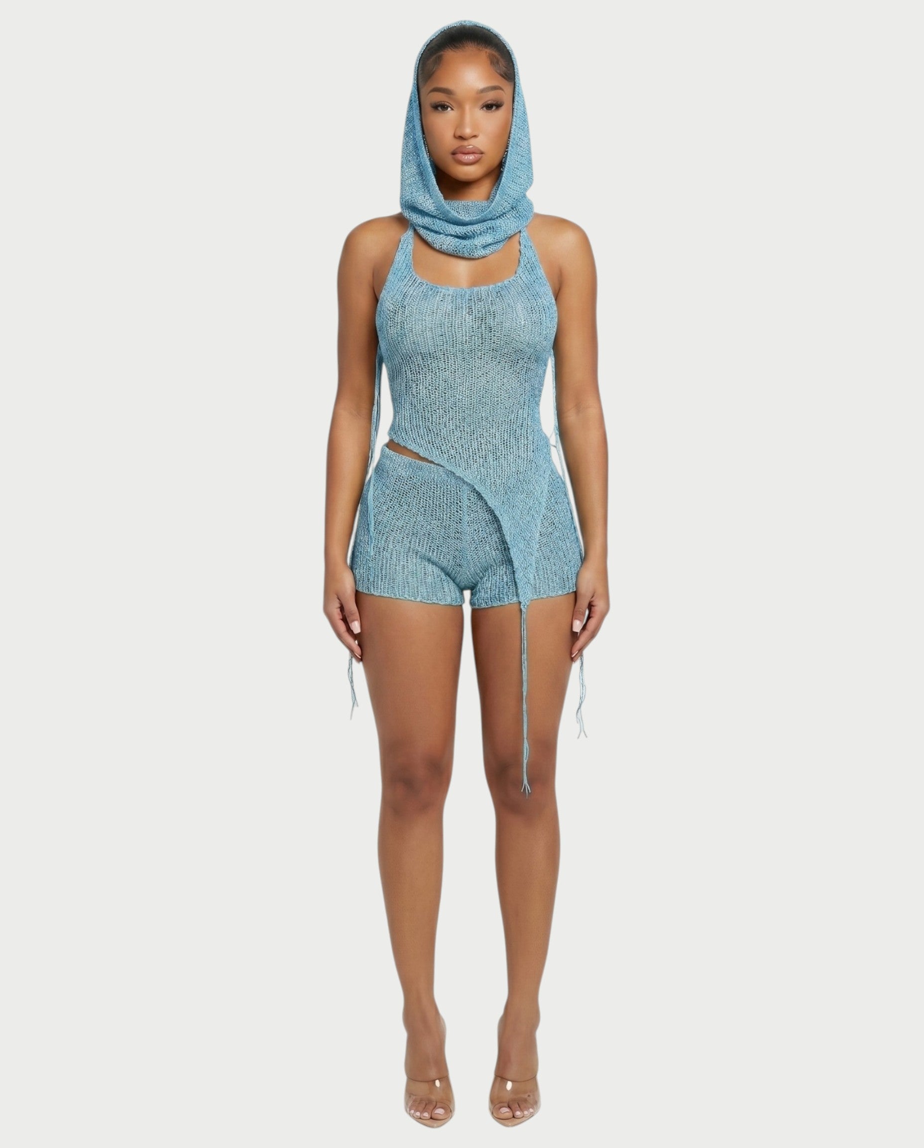ZELISSE 3-Piece Halter Top, Shorts & Hooded Scarf Set