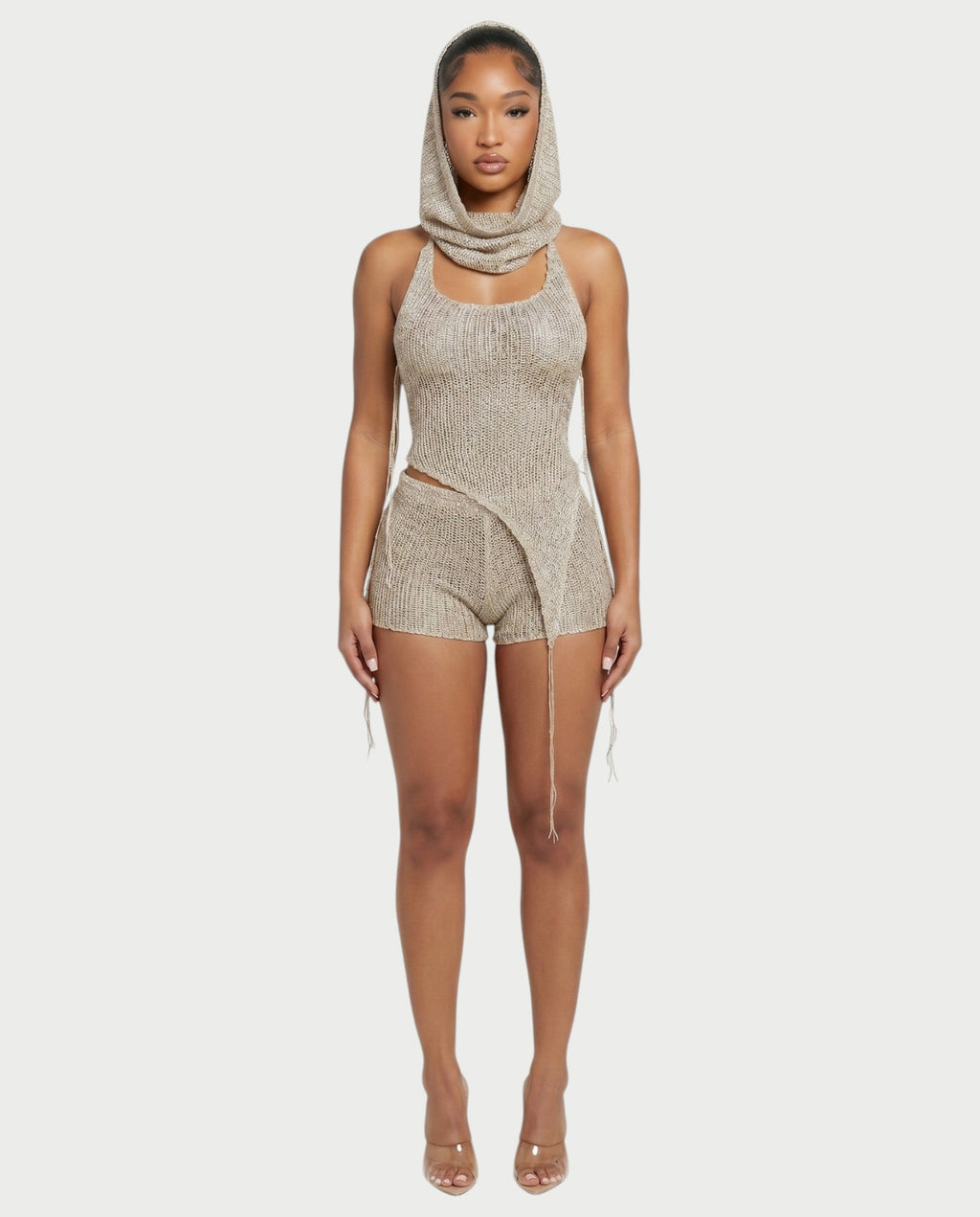 ZELISSE 3-Piece Halter Top, Shorts & Hooded Scarf Set