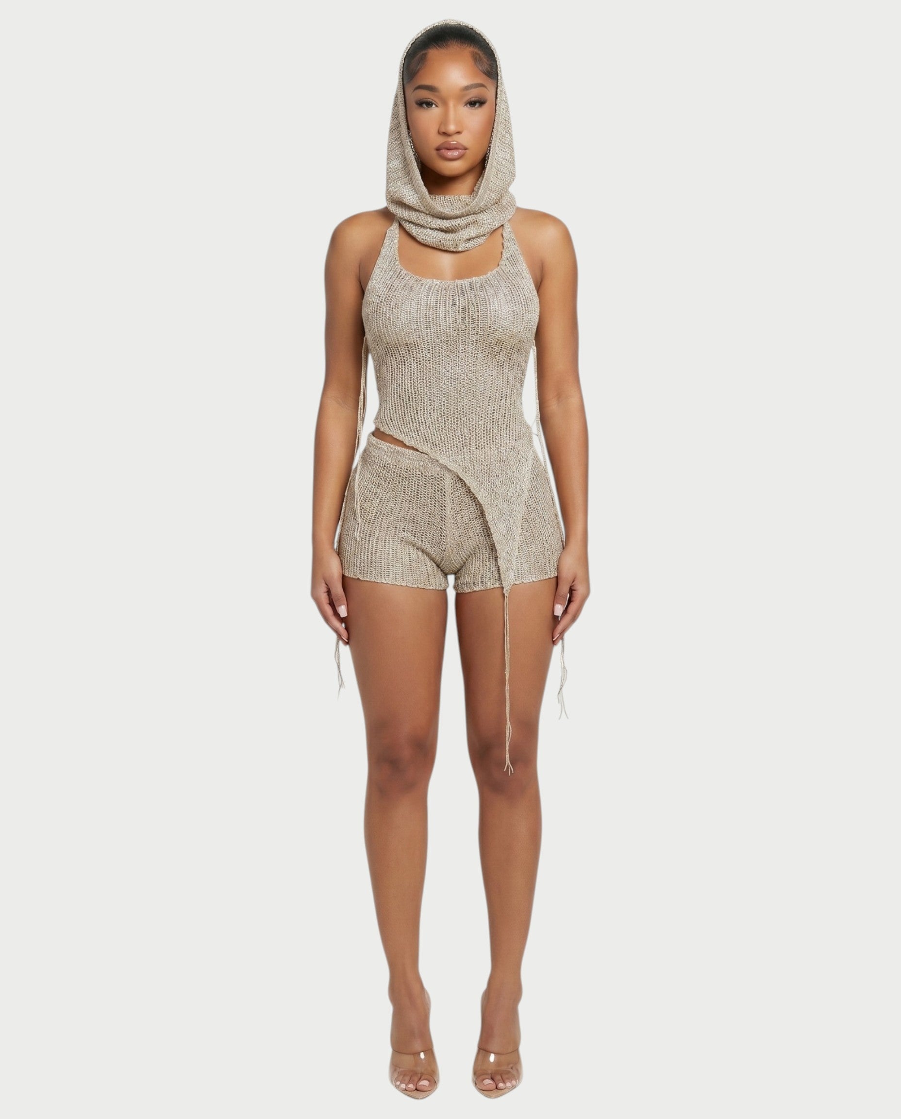 ZELISSE 3-Piece Halter Top, Shorts & Hooded Scarf Set