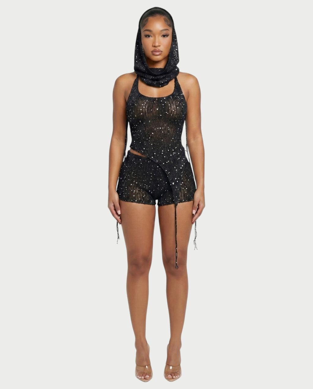 ZELISSE 3-Piece Halter Top, Shorts & Hooded Scarf Set