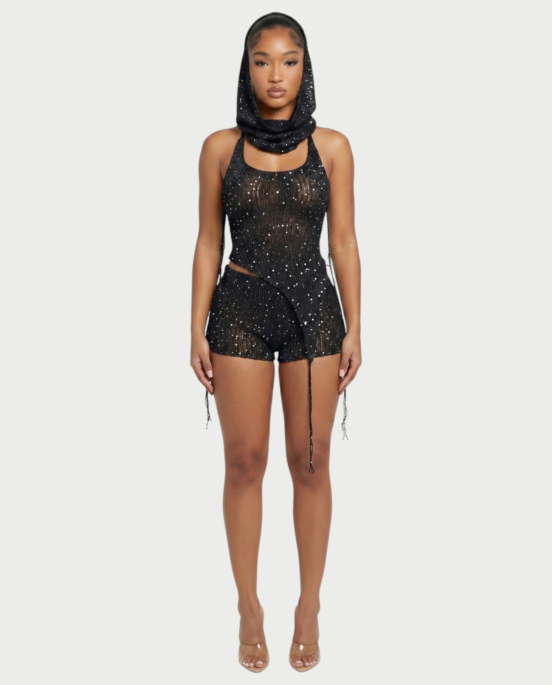 ZELISSE 3-Piece Halter Top, Shorts & Hooded Scarf Set