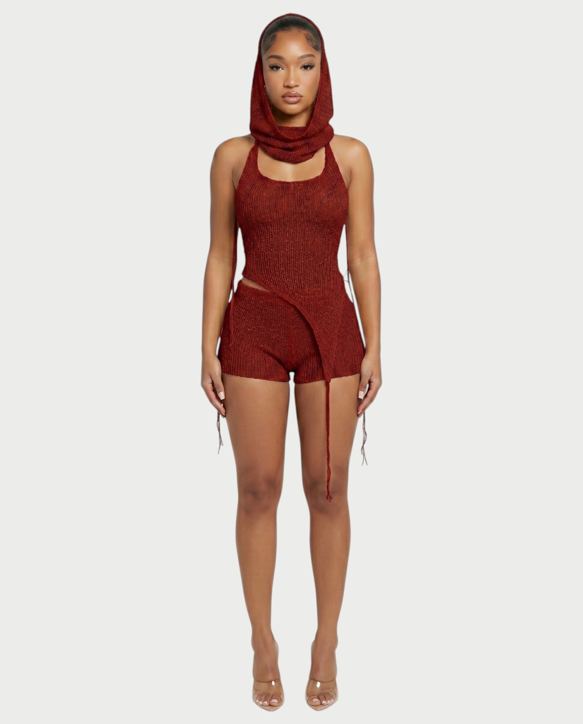 ZELISSE 3-Piece Halter Top, Shorts & Hooded Scarf Set