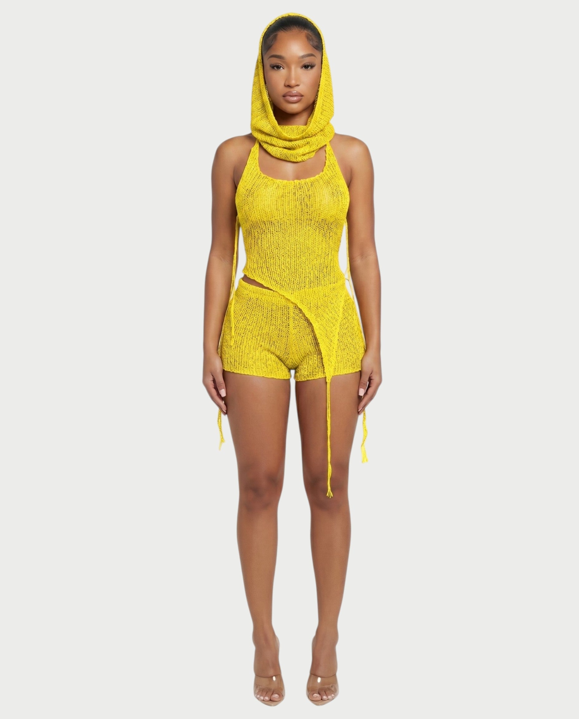ZELISSE 3-Piece Halter Top, Shorts & Hooded Scarf Set
