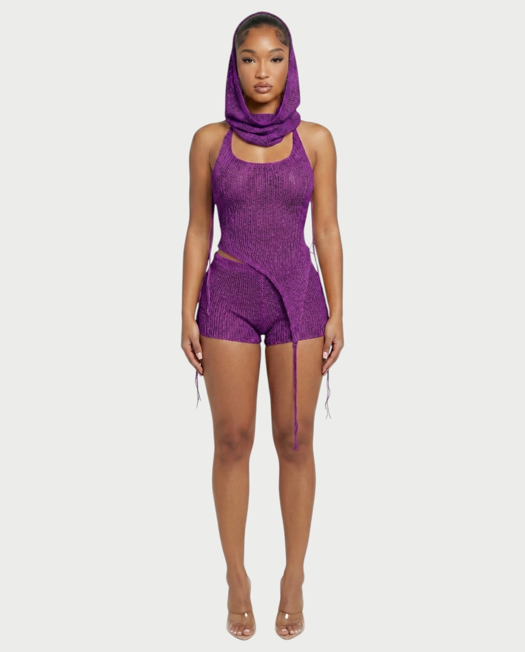 ZELISSE 3-Piece Halter Top, Shorts & Hooded Scarf Set
