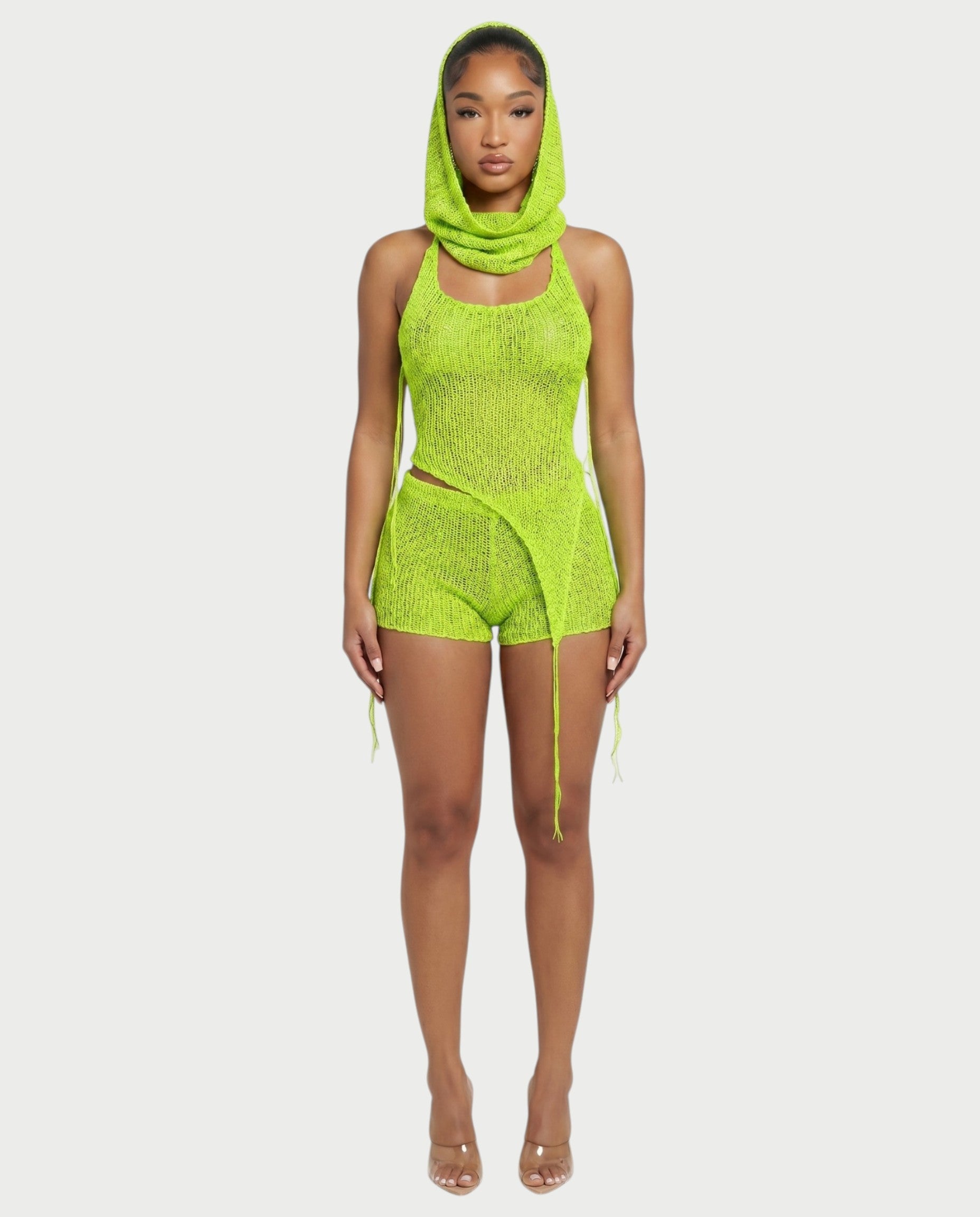 ZELISSE 3-Piece Halter Top, Shorts & Hooded Scarf Set