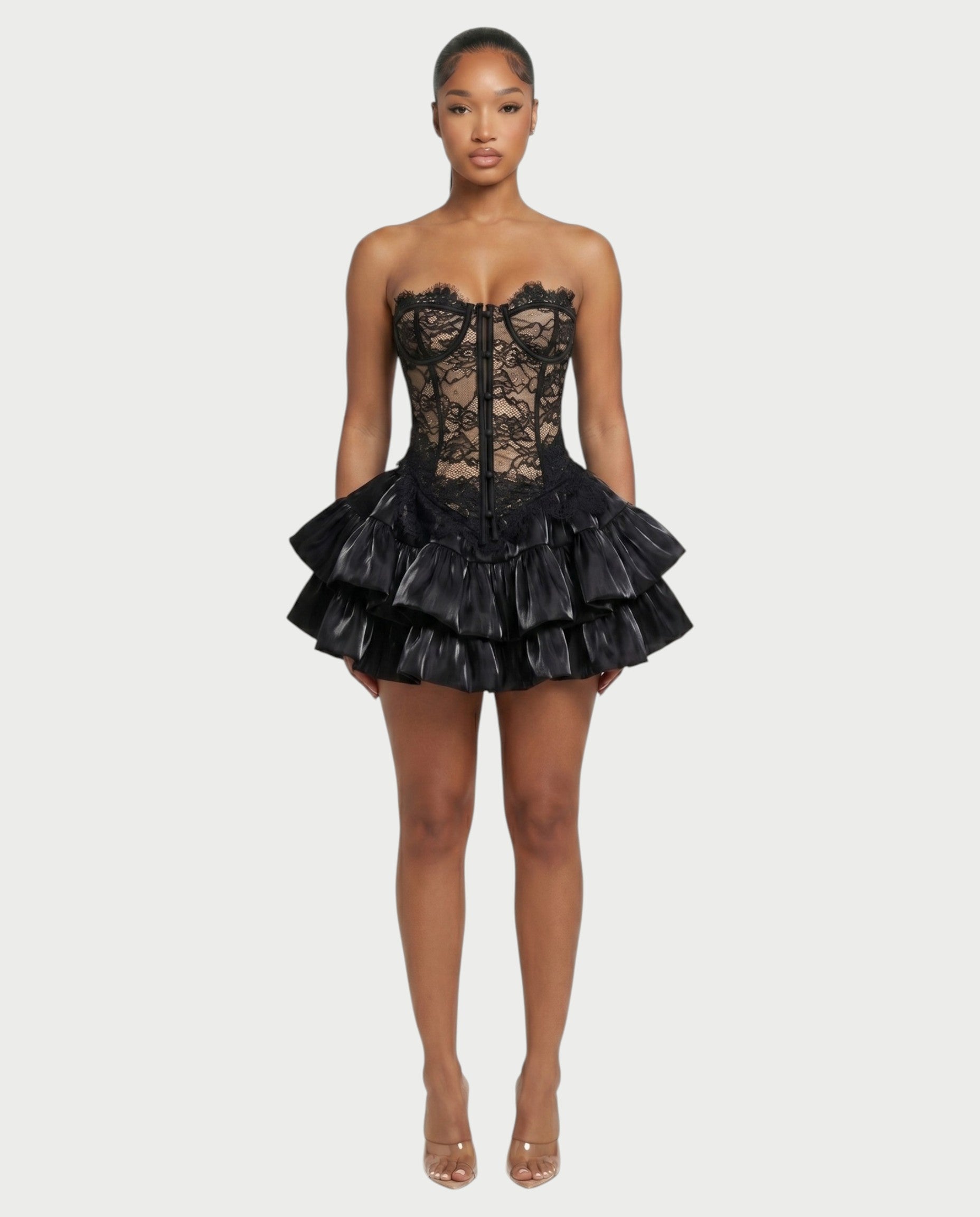 ELAROSE Satin Ruffle Mini Skirt & Lace Corset Top Set