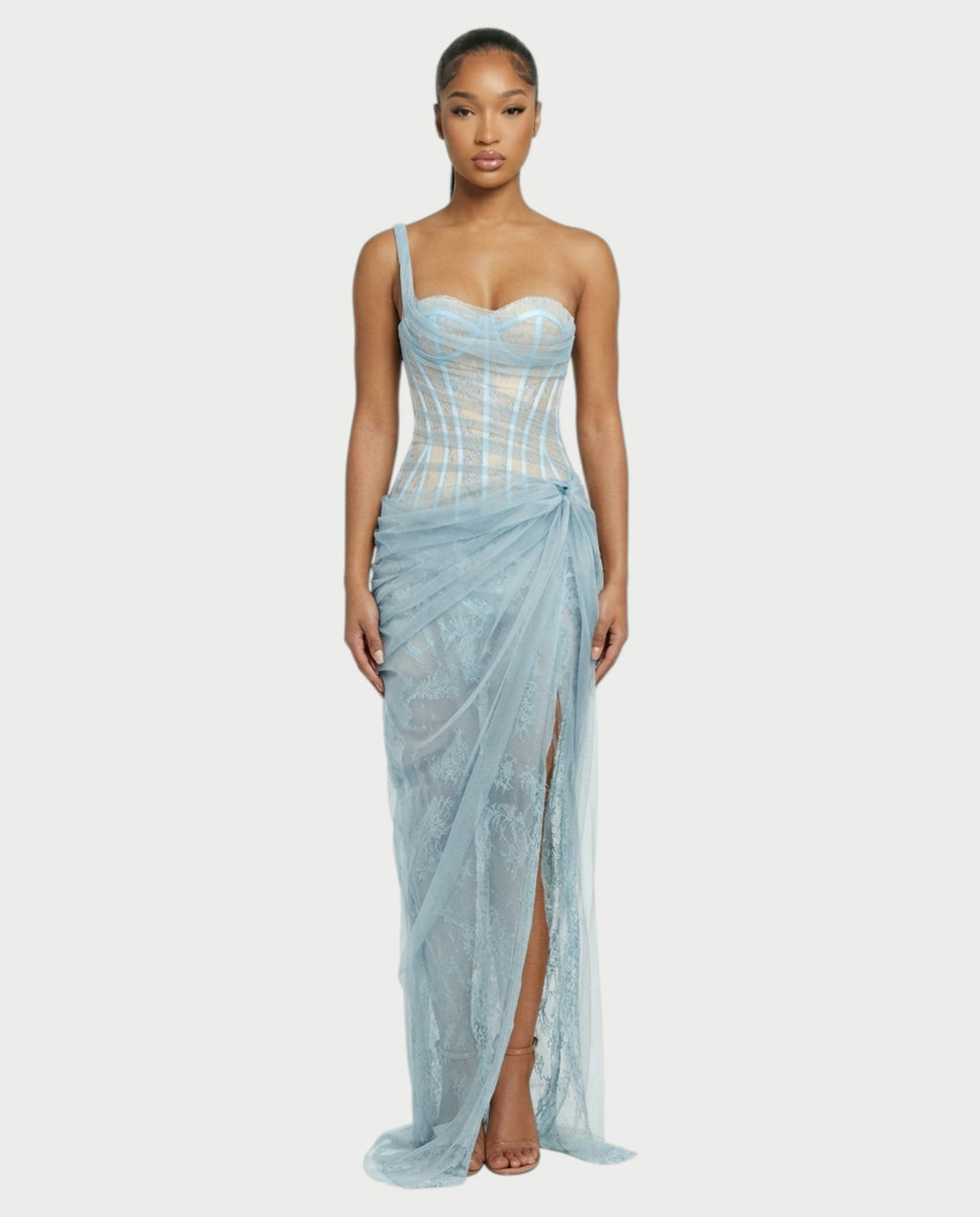 RINA One-Shoulder Lace Corset Maxi Dress