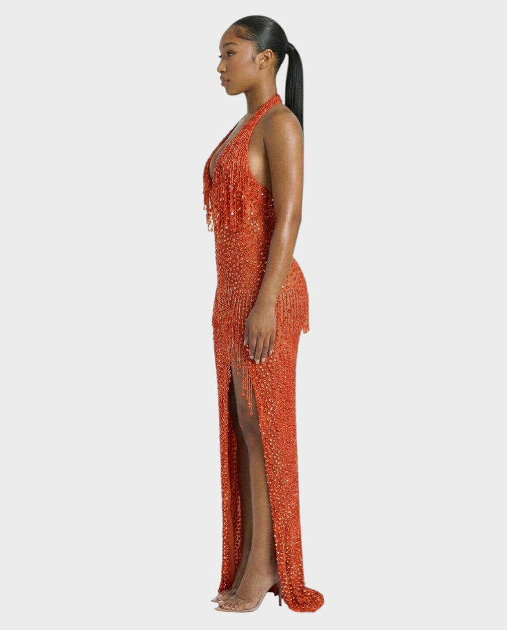 MYRIZ Rhinestone Halter Draped Tassel Maxi Dress