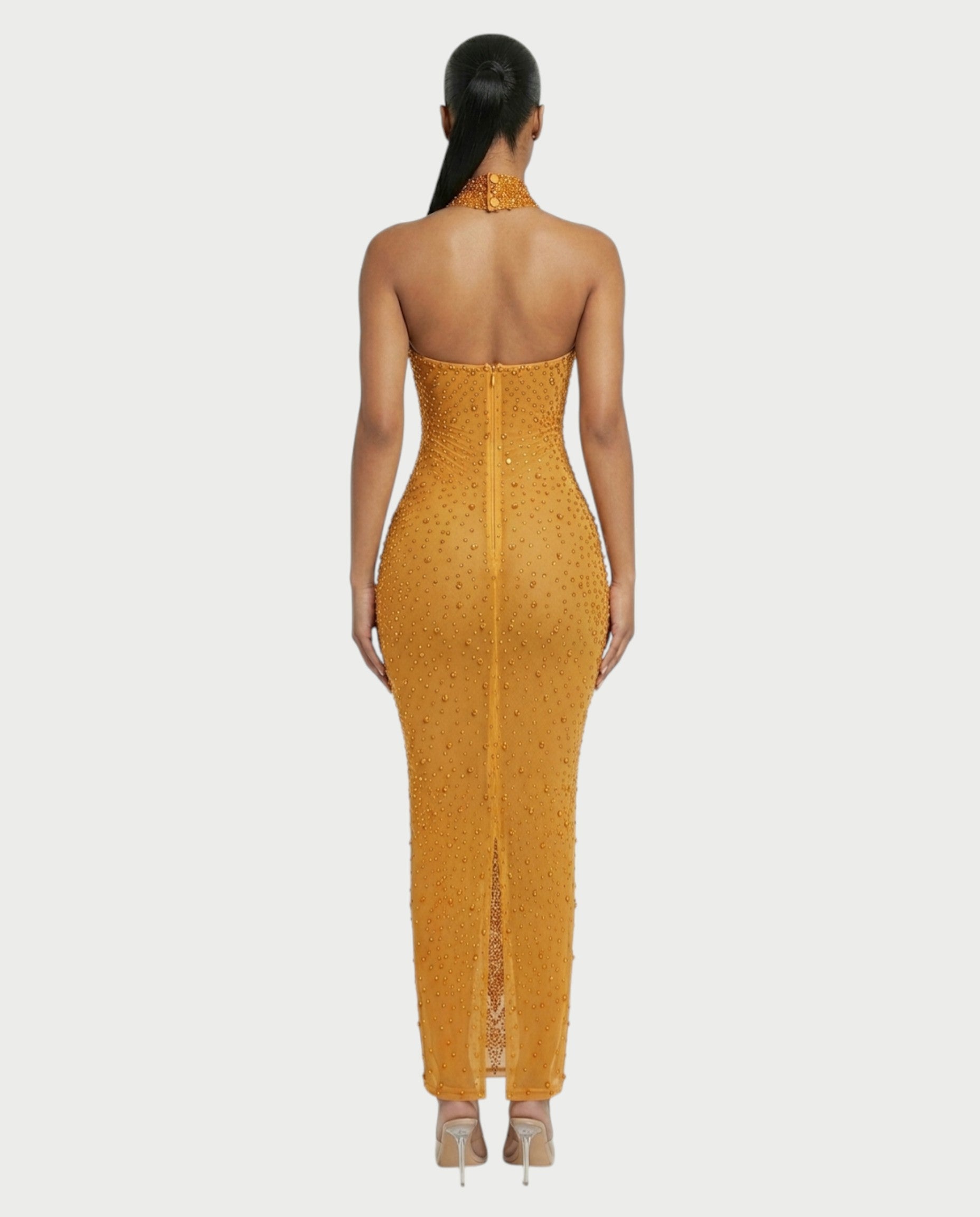 FUERA Rhinestone Mesh Bodycon Maxi Dress