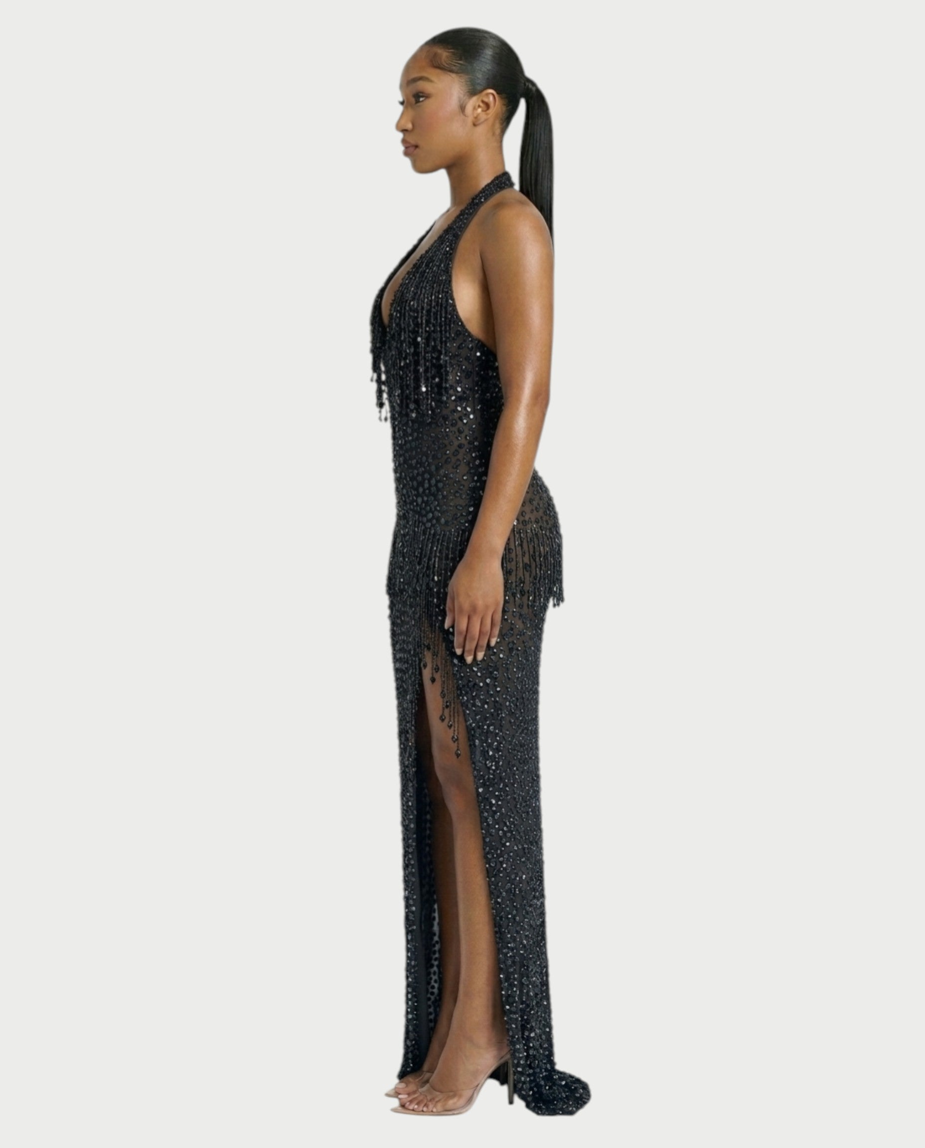 MYRIZ Rhinestone Halter Draped Tassel Maxi Dress