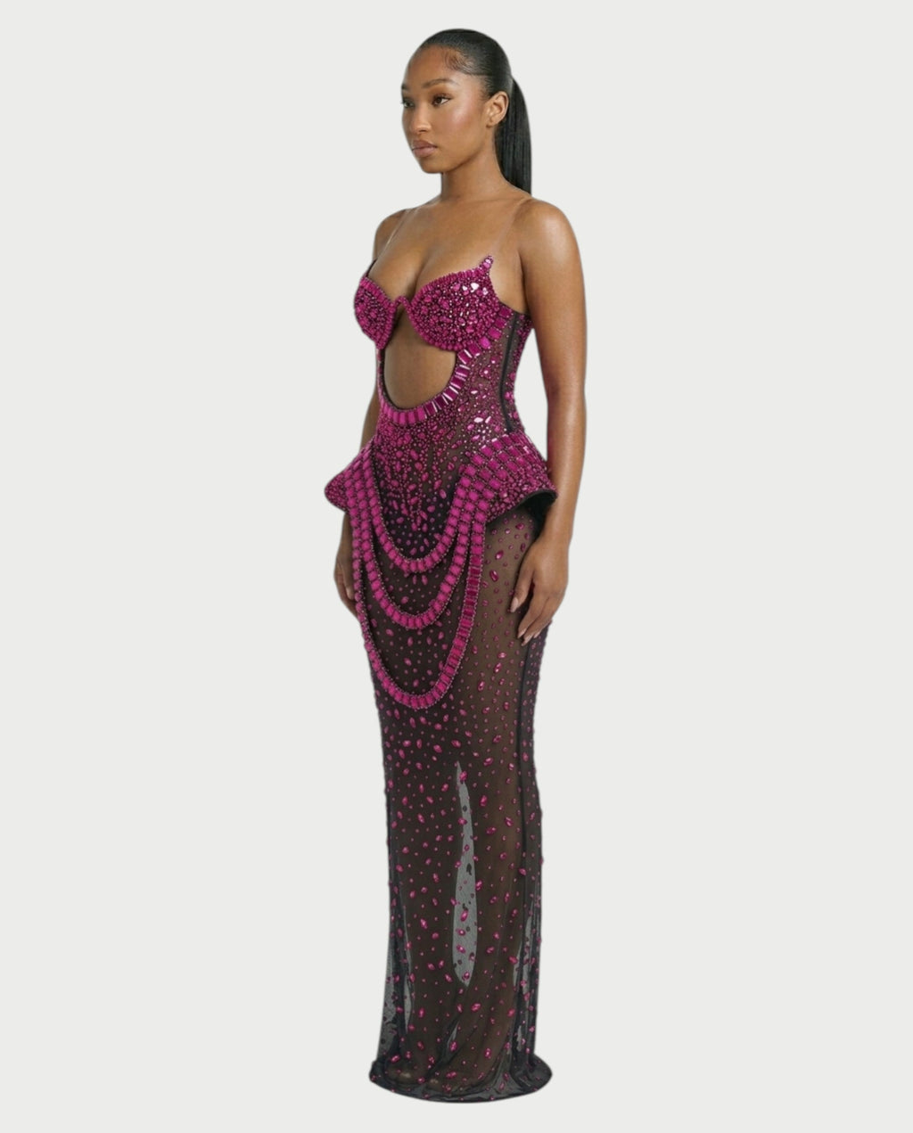 VREYS Crystal Studded Sheer Maxi Dress