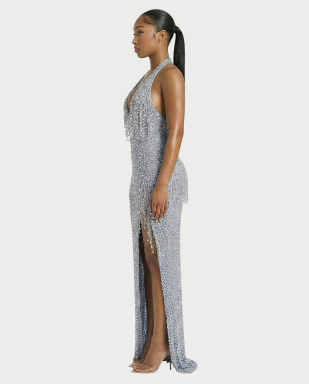 MYRIZ Rhinestone Halter Draped Tassel Maxi Dress