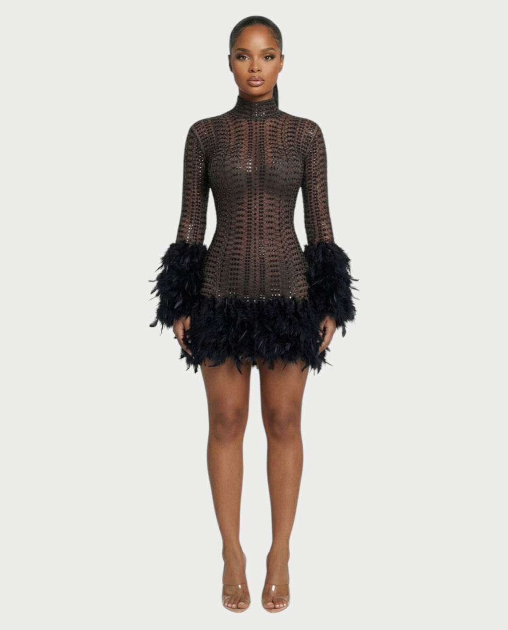 VINA Sheer Crystal Feather Trim Mini Dress