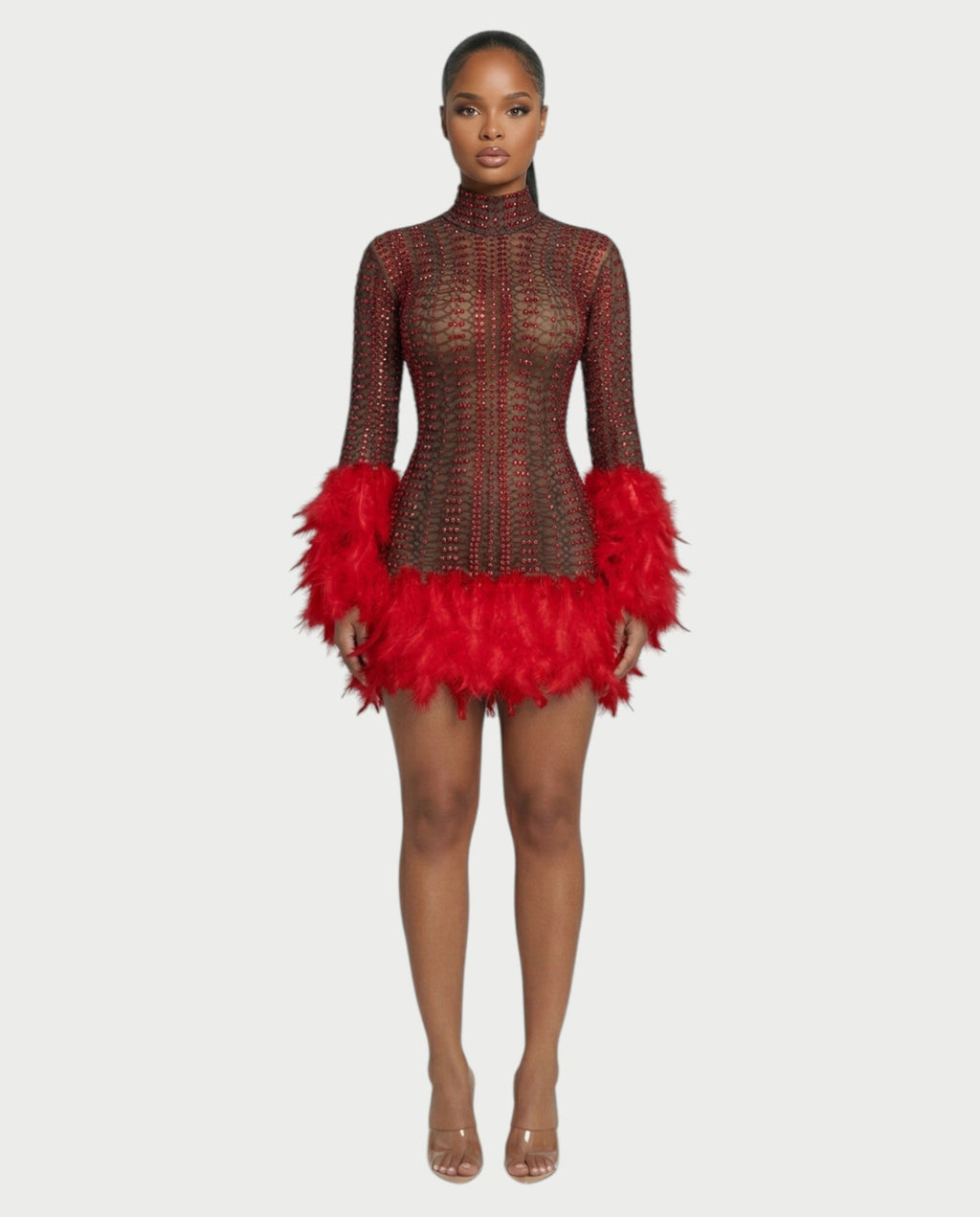 VINA Sheer Crystal Feather Trim Mini Dress