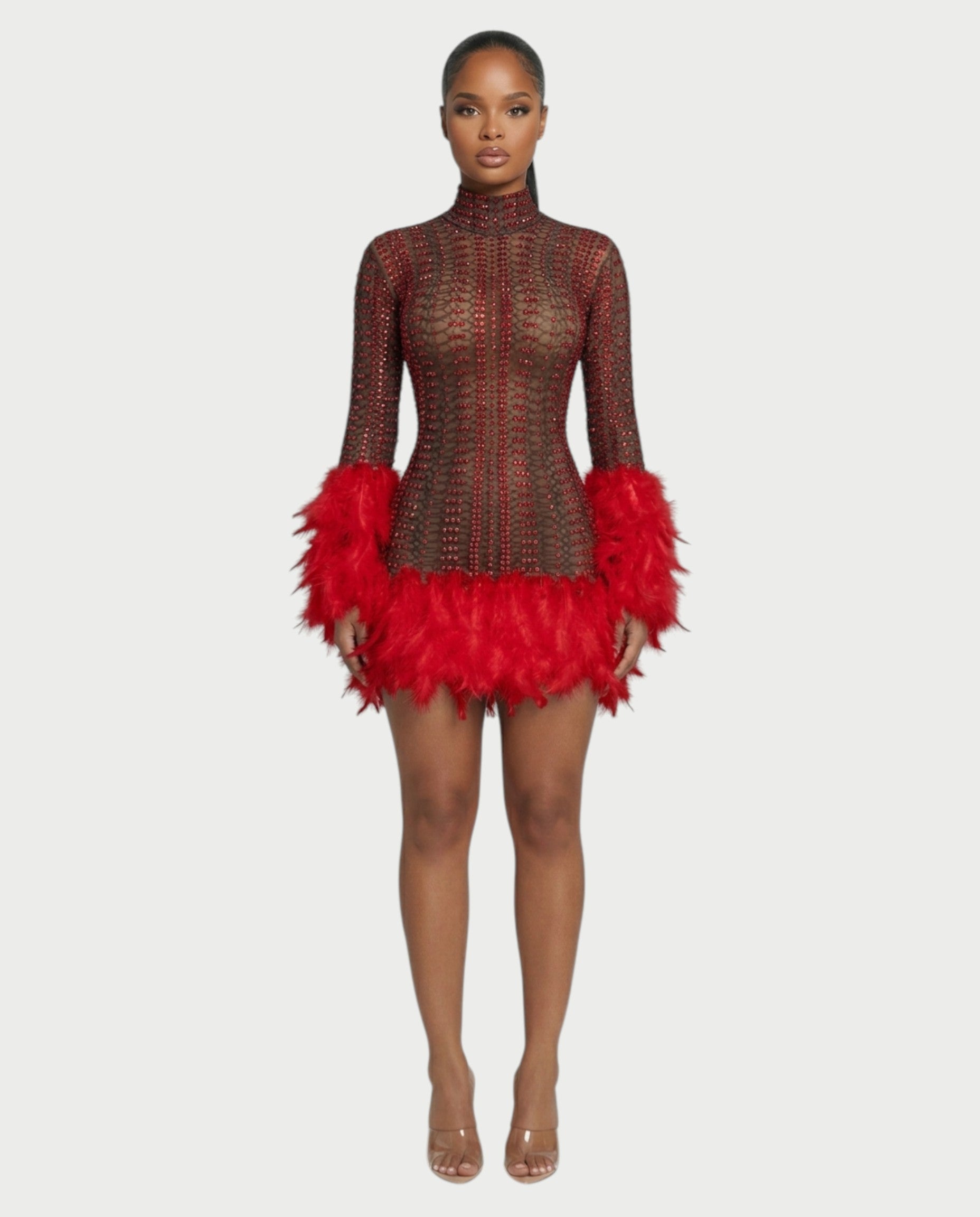 VINA Sheer Crystal Feather Trim Mini Dress