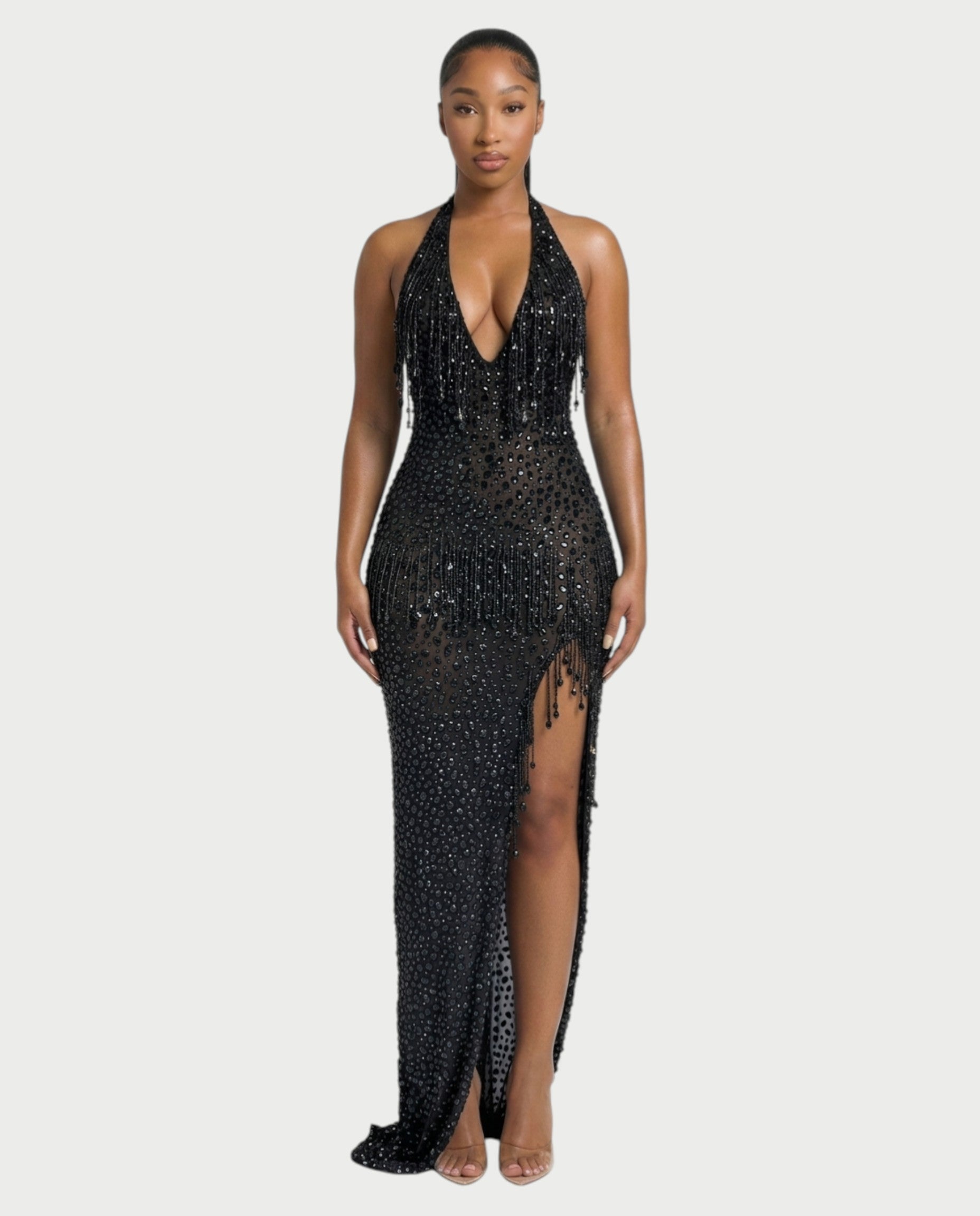 MYRIZ Rhinestone Halter Draped Tassel Maxi Dress