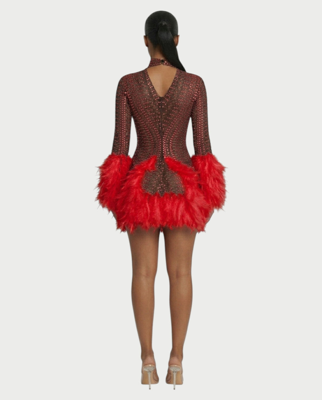 VINA Sheer Crystal Feather Trim Mini Dress