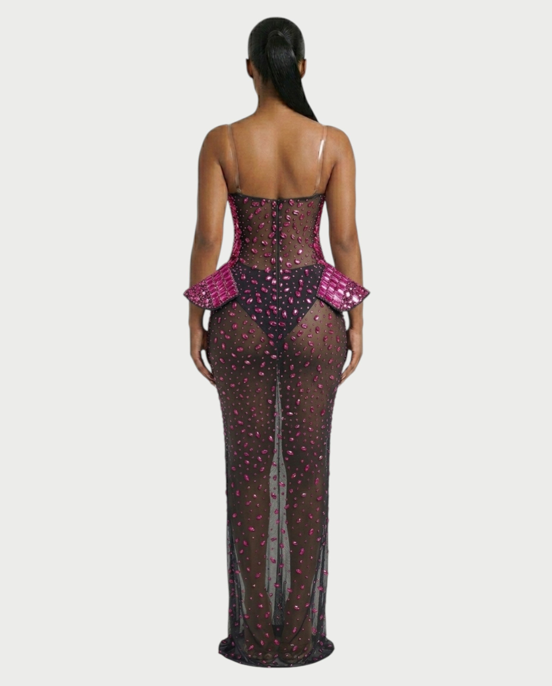 VREYS Crystal Studded Sheer Maxi Dress