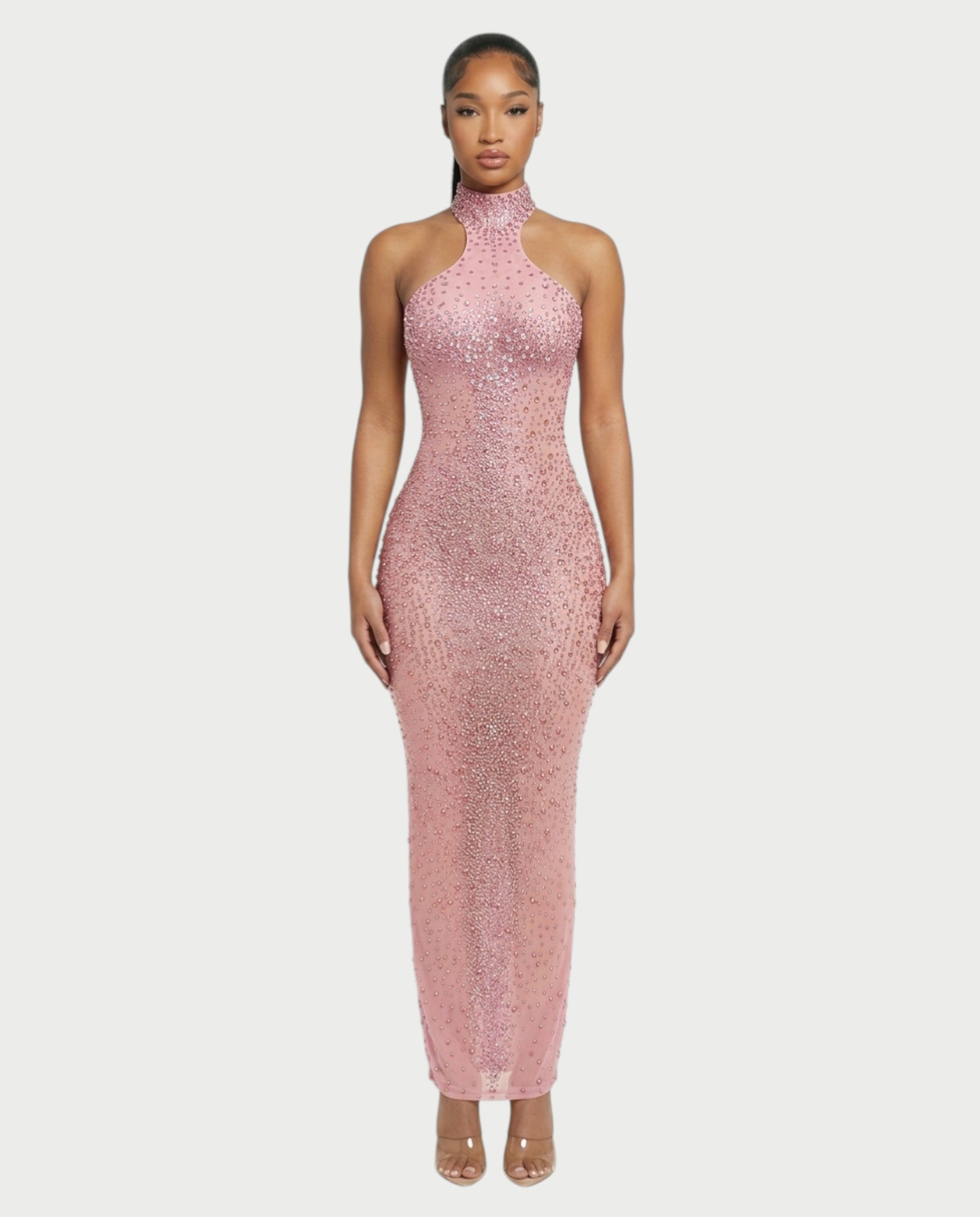 FUERA Rhinestone Mesh Bodycon Maxi Dress