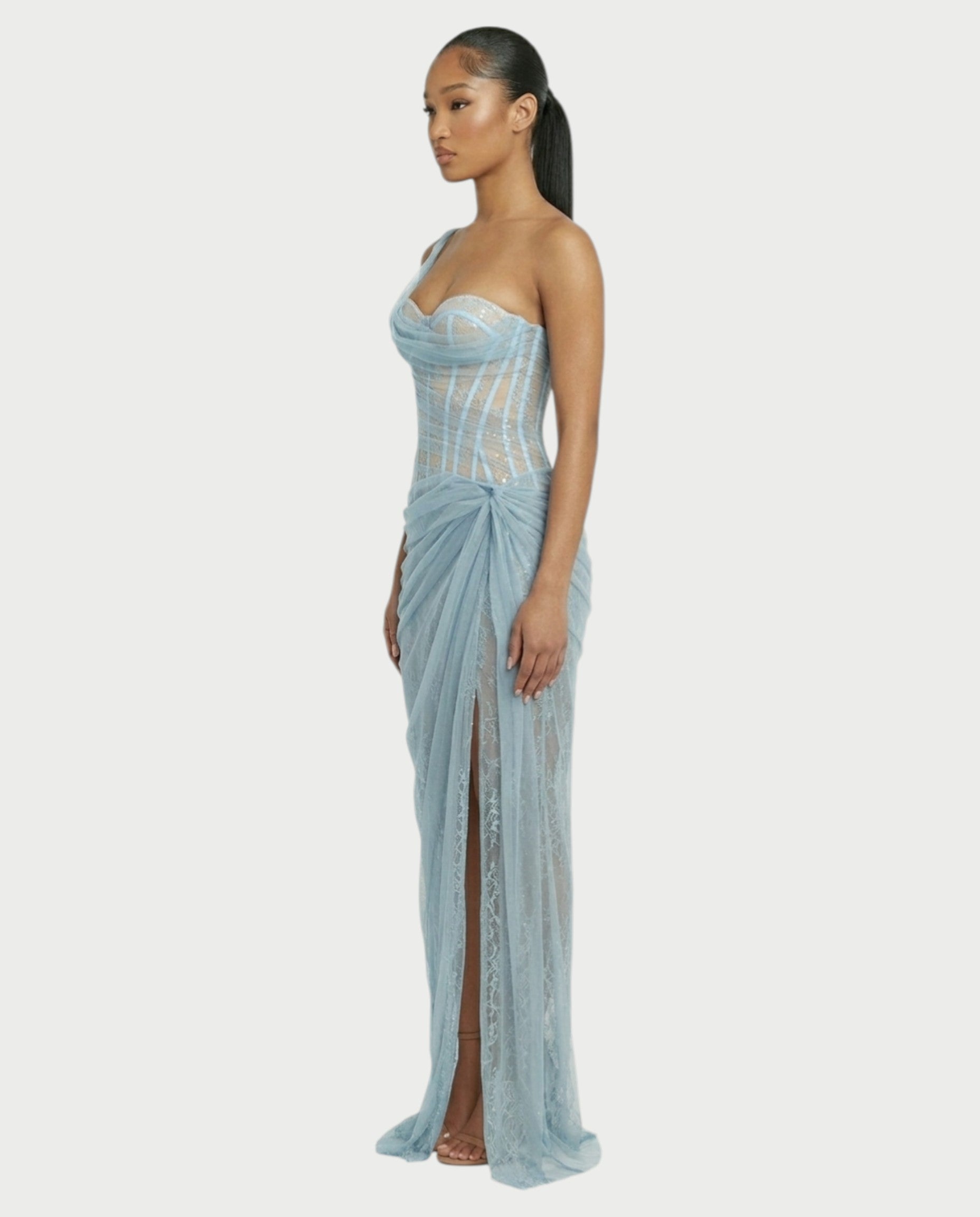 RINA One-Shoulder Lace Corset Maxi Dress