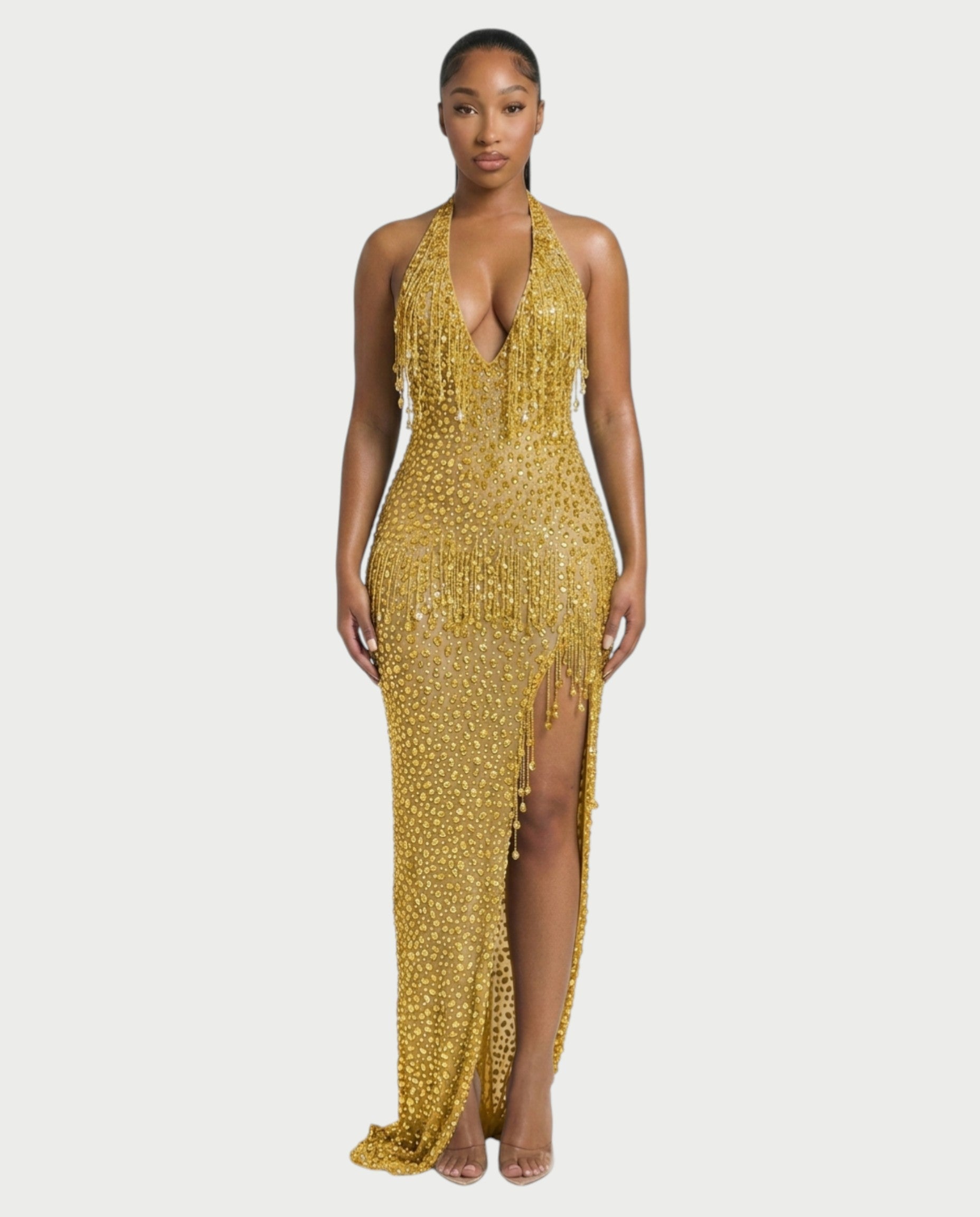 MYRIZ Rhinestone Halter Draped Tassel Maxi Dress