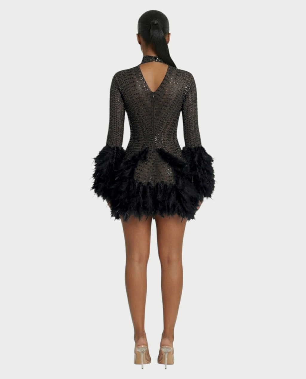 VINA Sheer Crystal Feather Trim Mini Dress