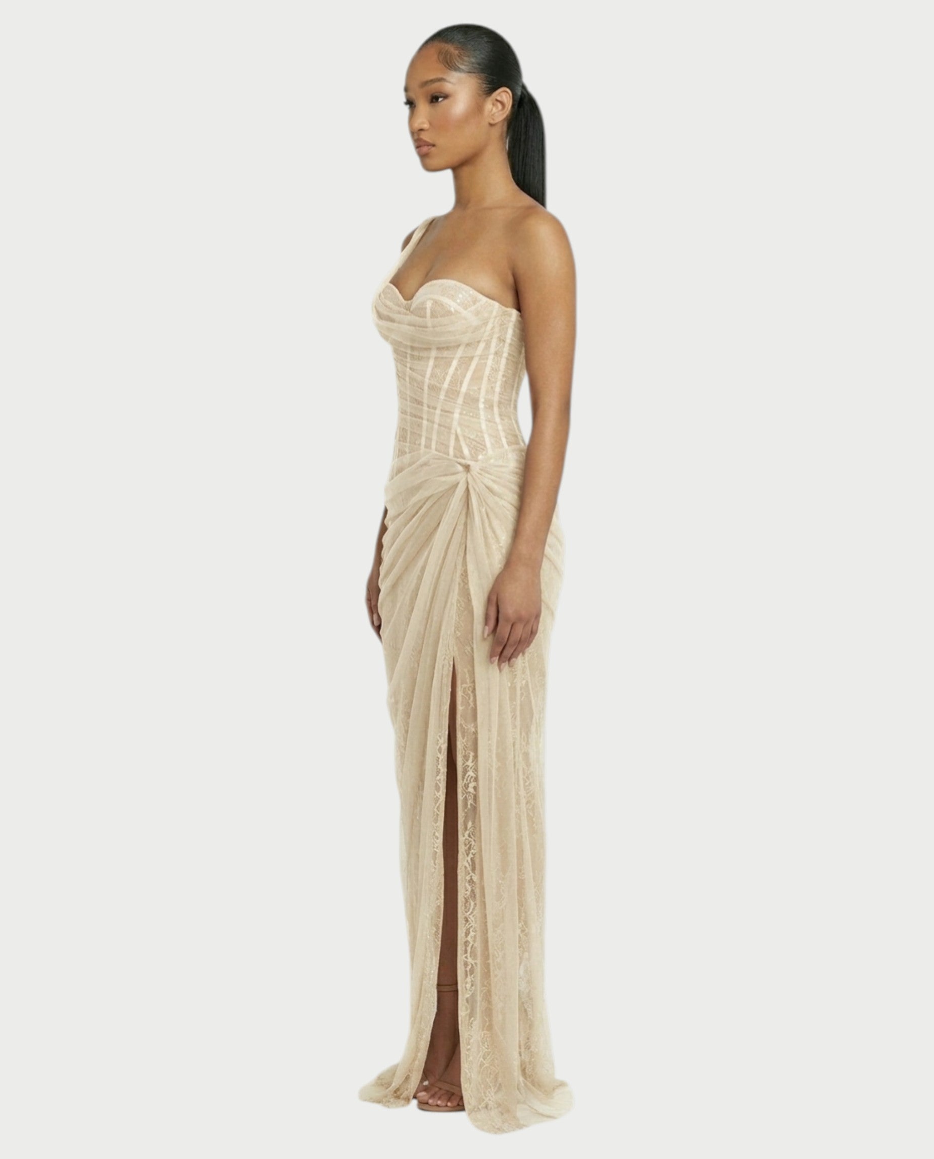 RINA One-Shoulder Lace Corset Maxi Dress