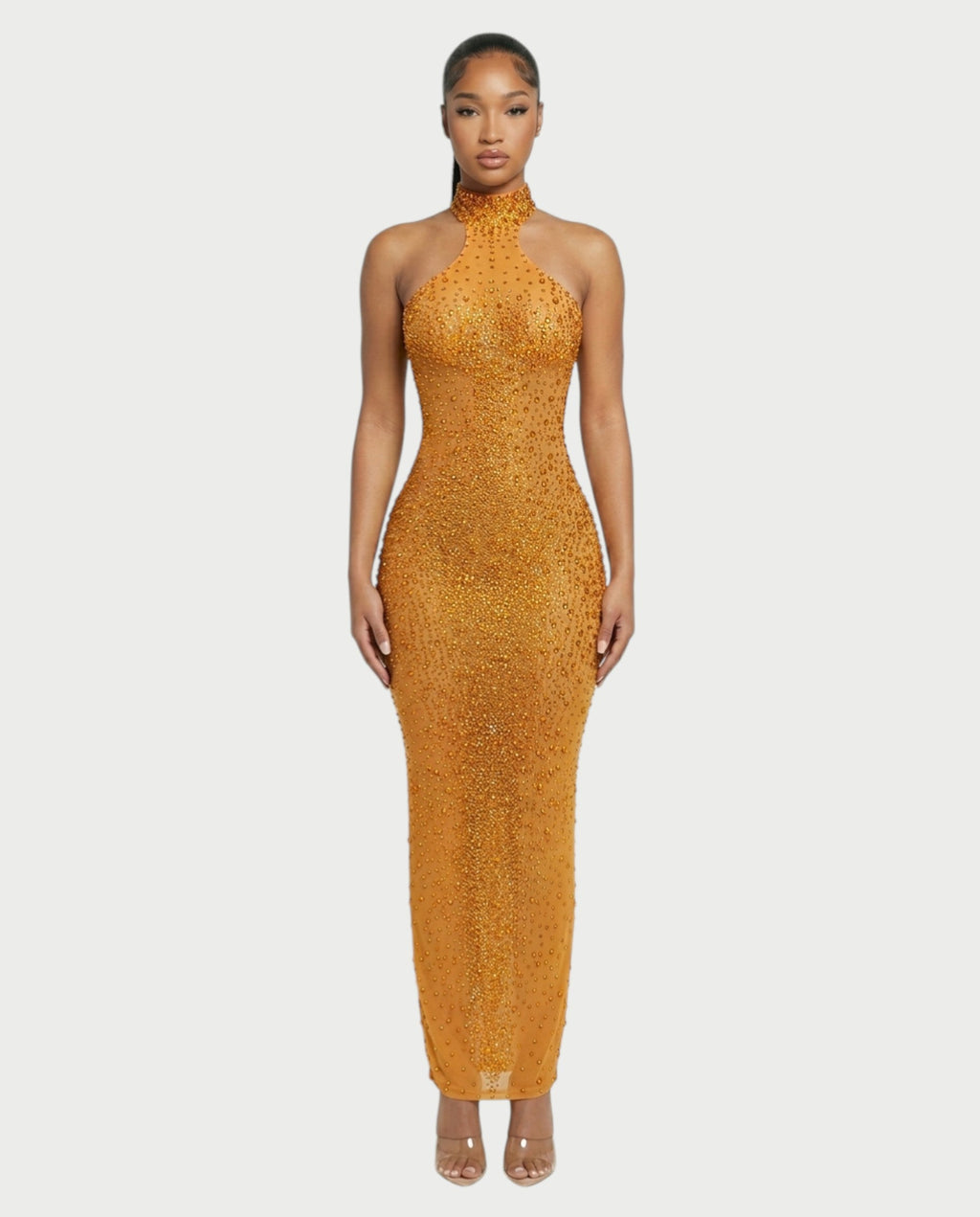 FUERA Rhinestone Mesh Bodycon Maxi Dress