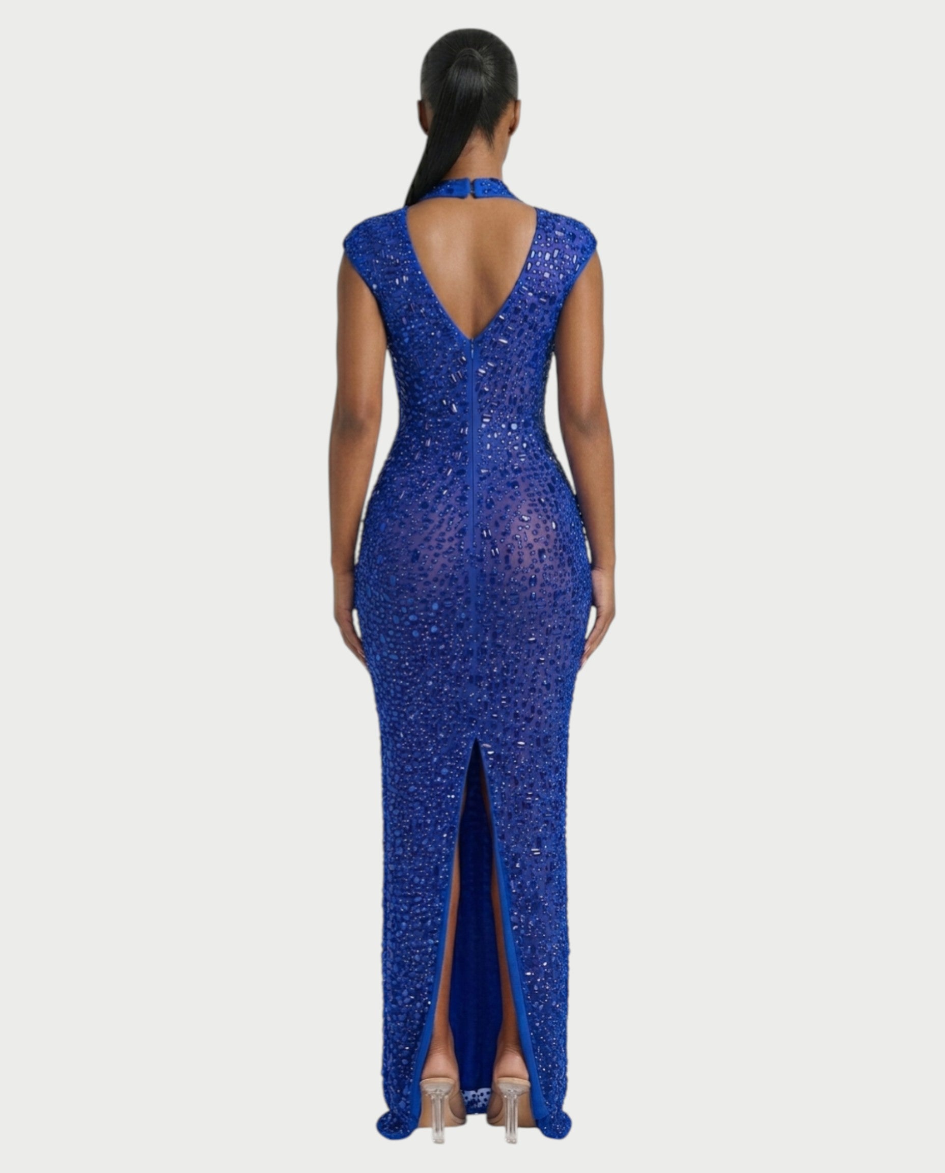 MORIA Crystal High-Neck Bodycon Maxi Dress