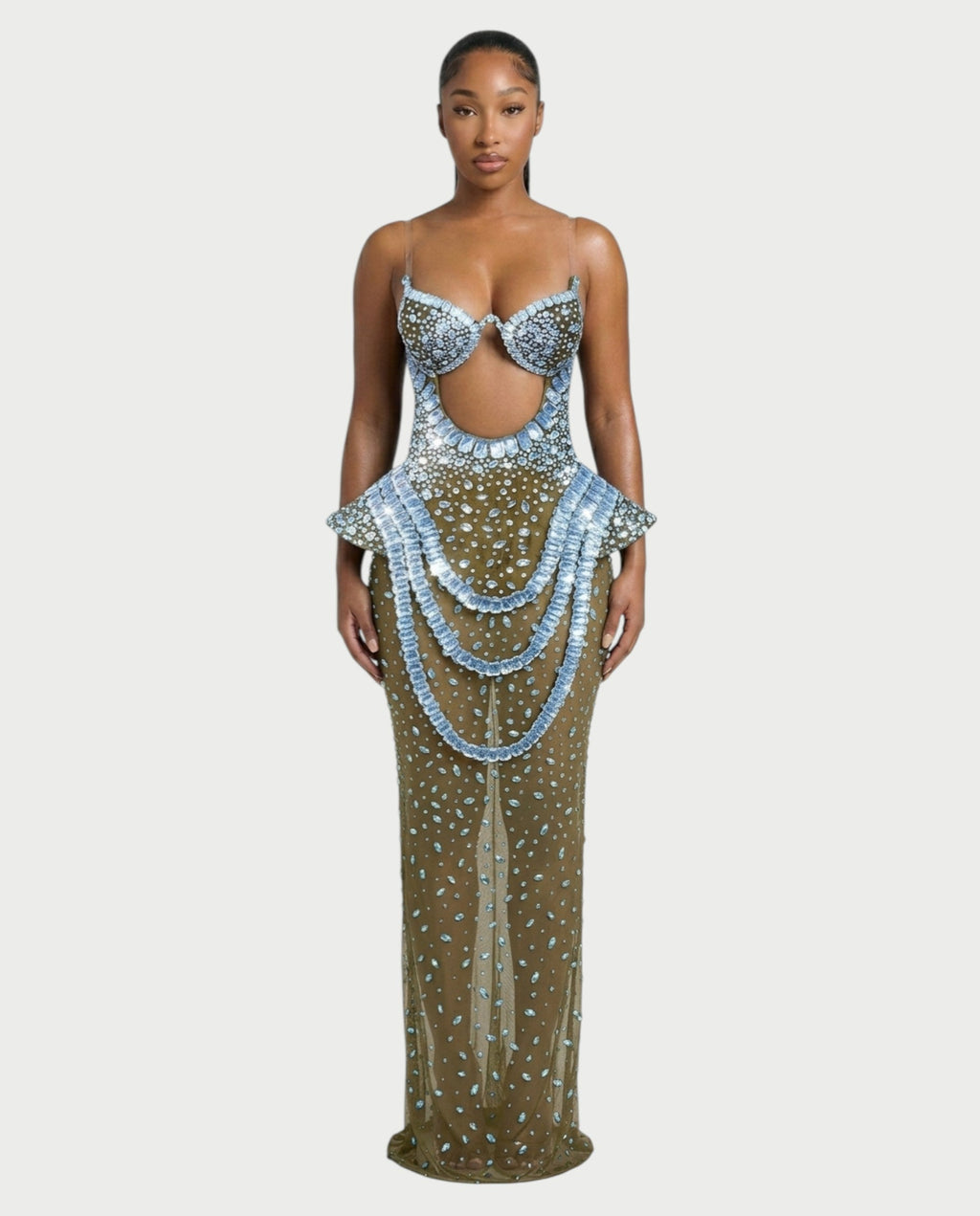 VREYS Crystal Studded Sheer Maxi Dress