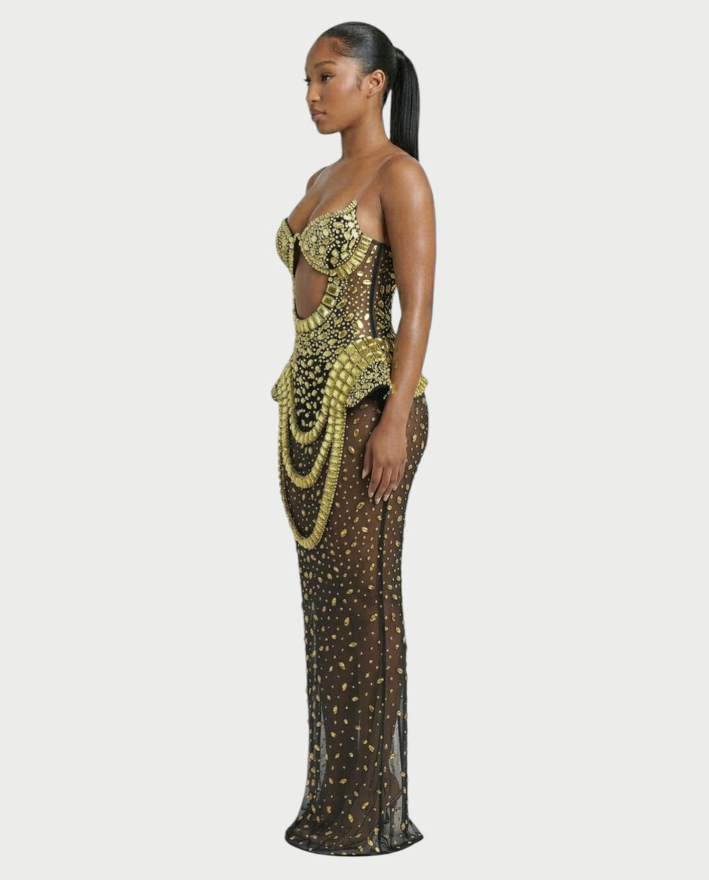 VREYS Crystal Studded Sheer Maxi Dress