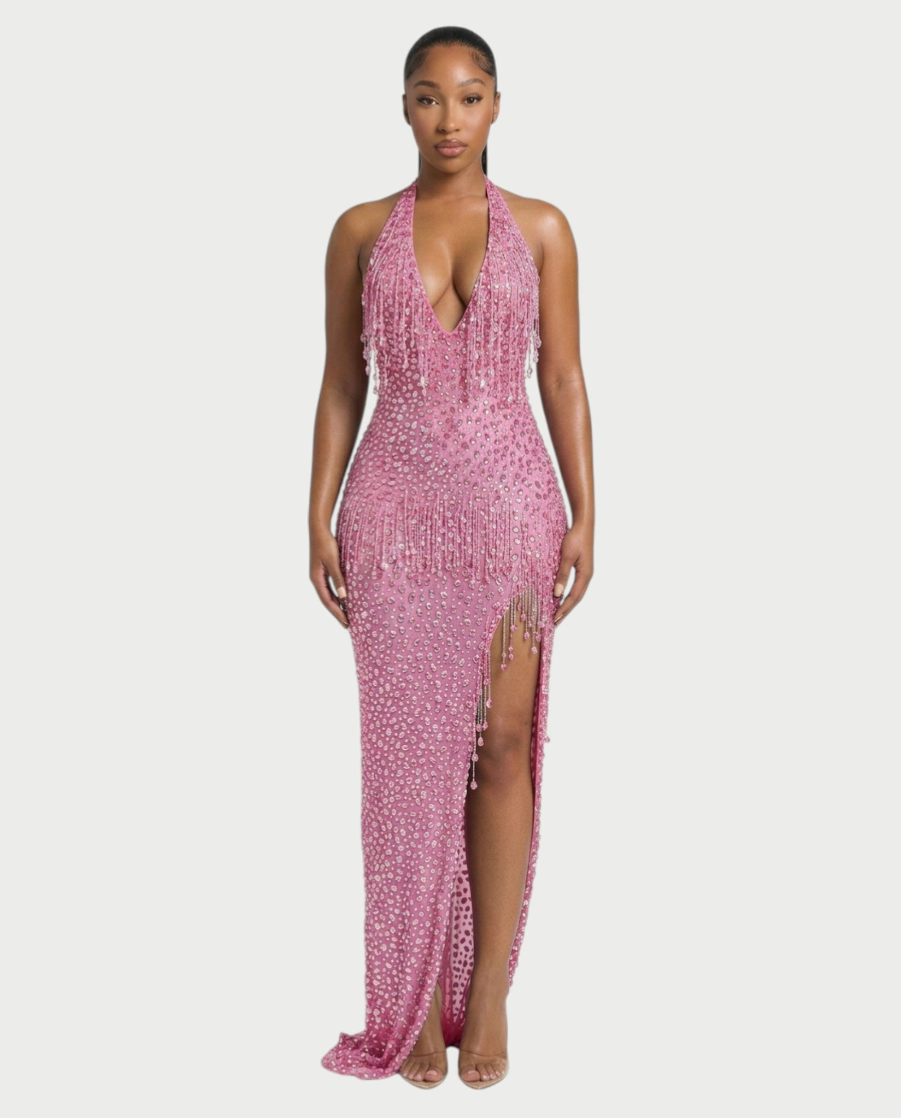 MYRIZ Rhinestone Halter Draped Tassel Maxi Dress