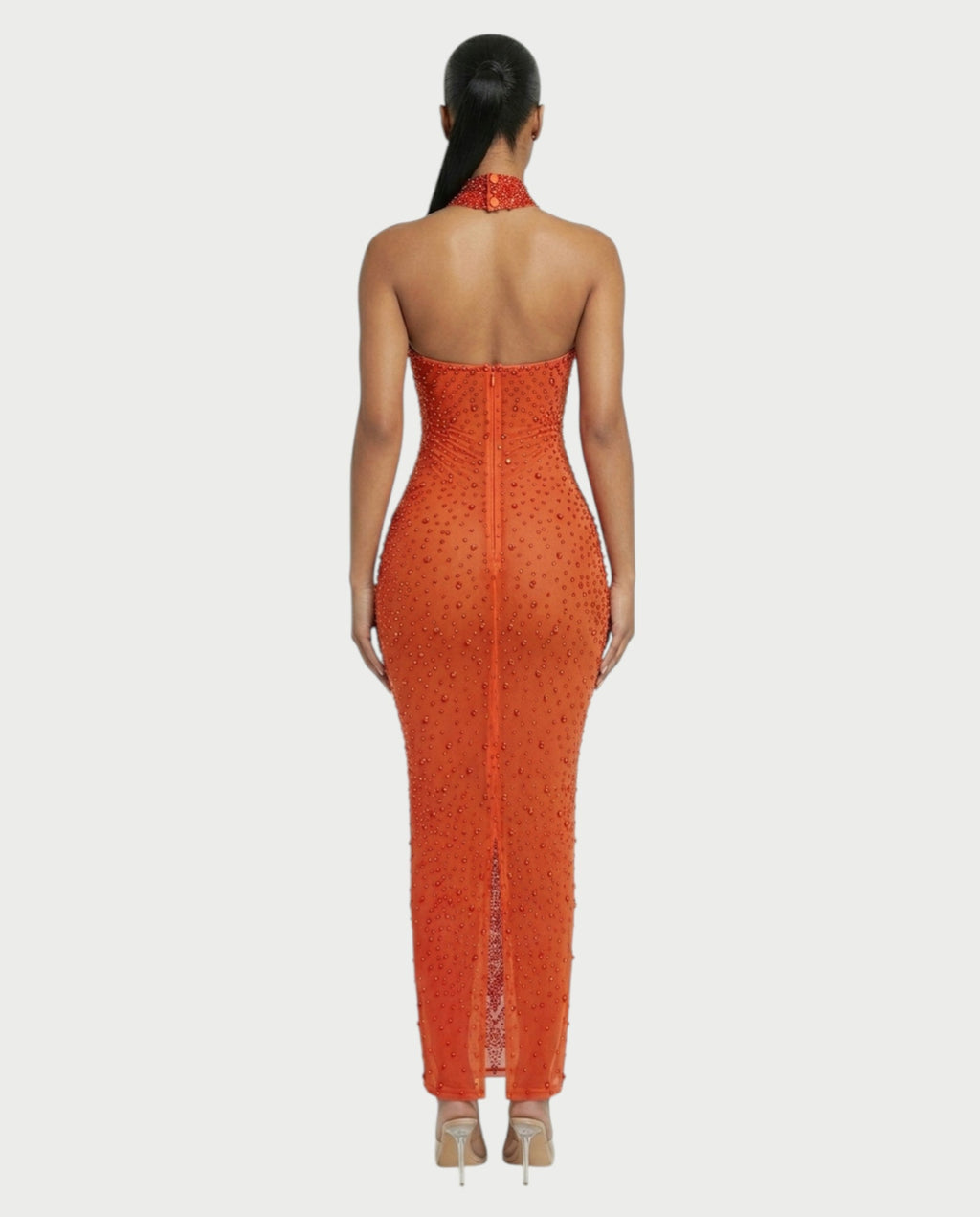 FUERA Rhinestone Mesh Bodycon Maxi Dress