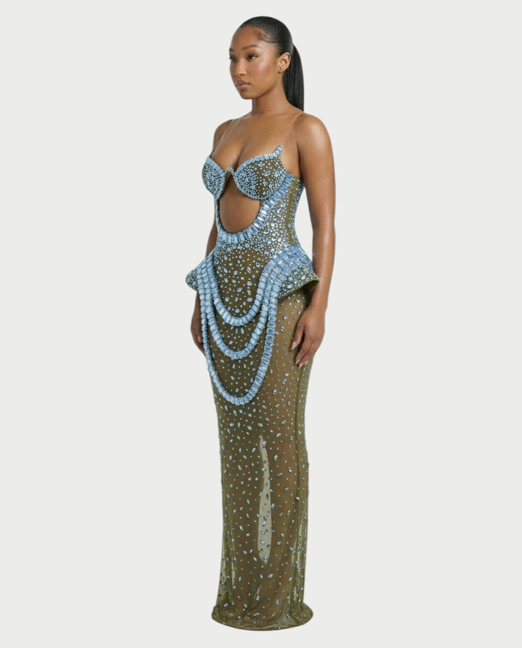 VREYS Crystal Studded Sheer Maxi Dress