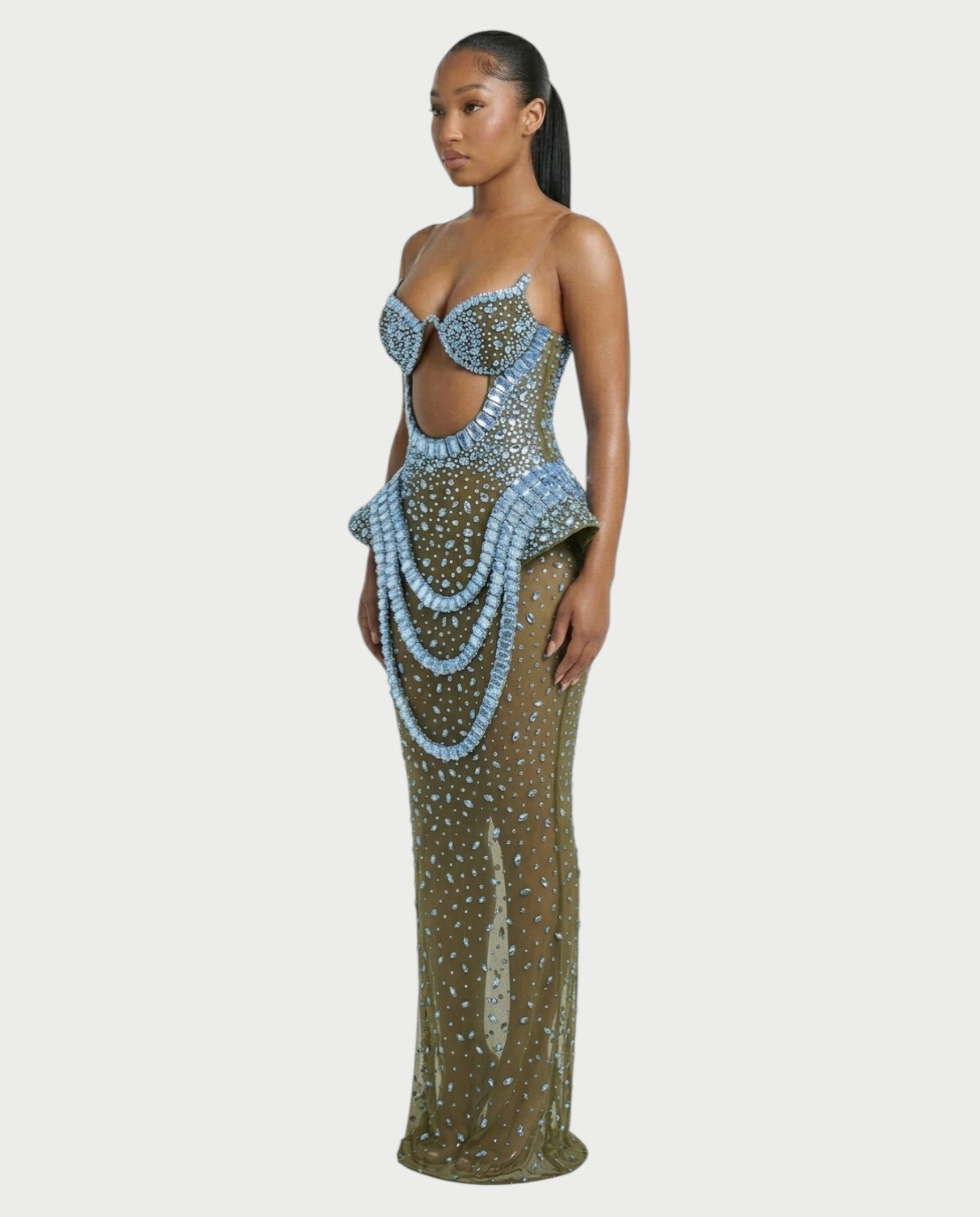 VREYS Crystal Studded Sheer Maxi Dress