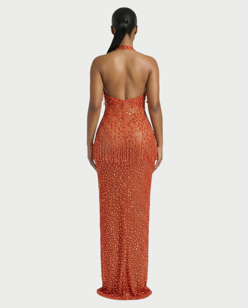 MYRIZ Rhinestone Halter Draped Tassel Maxi Dress