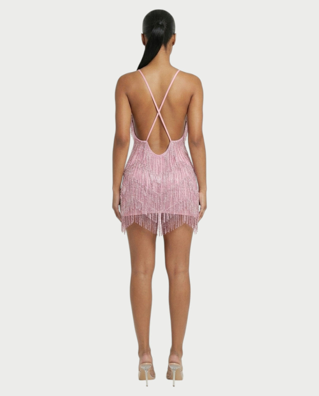 KRISSE Backless Crystal Diamond Tassel Mini Dress