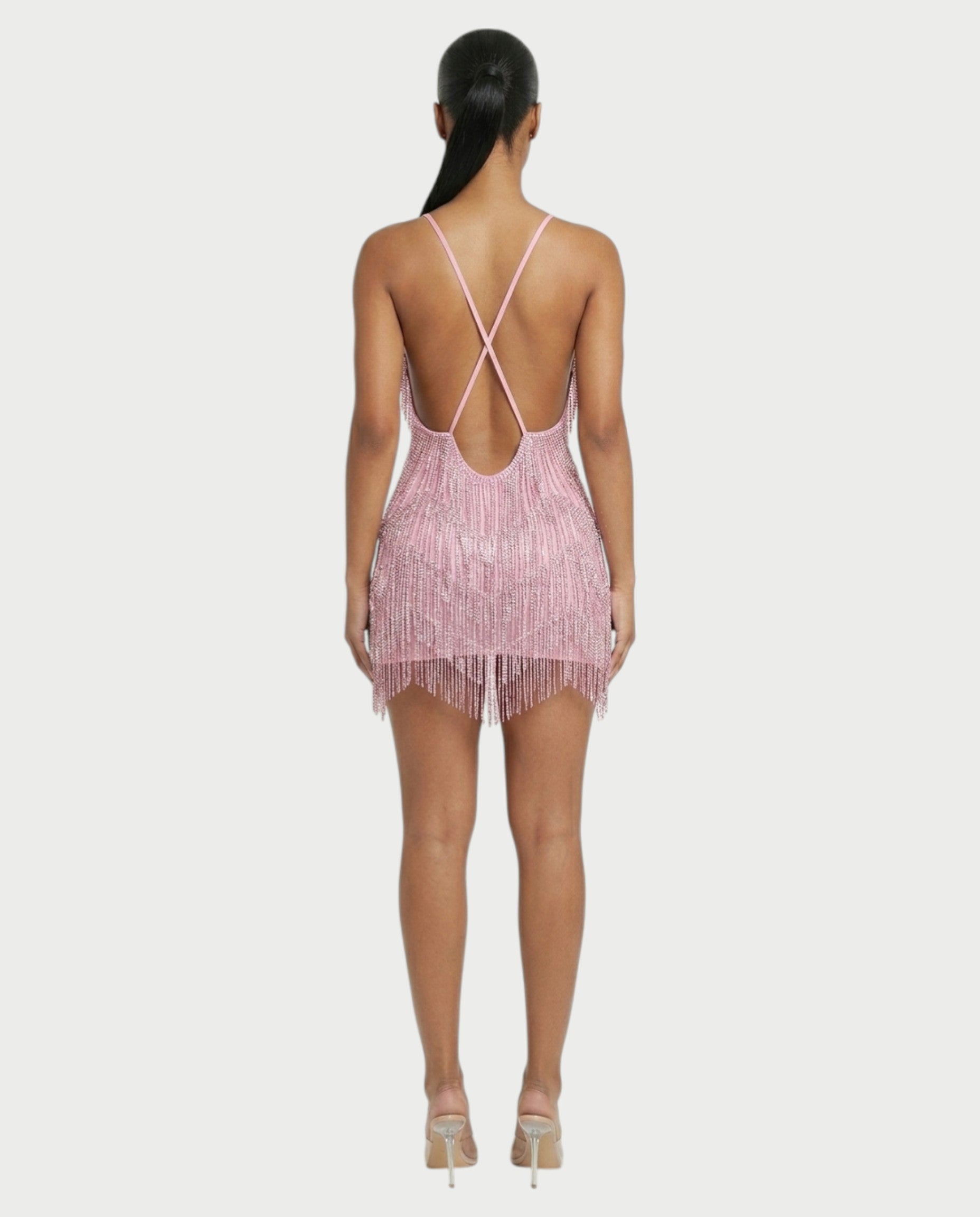 KRISSE Backless Crystal Diamond Tassel Mini Dress